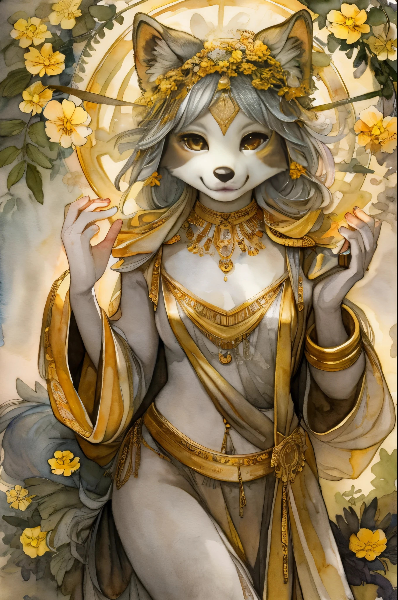 monochrome, watercolor, highres, top quality, best quality, paid reward available, High-quality illustrations, unparalleled masterpiece, perfect artwork, absurdres, 1girl, kemono, furry, detailed body fur, animal face, animal hand, Archaic Smile, holding a cluster of gold flower in both hands, which are positioned at chest level, She is wearing a simple ring on the ring finger of her left hand, unfocused spread of gold flower, fan-created work shared on platforms Pixiv or Twitter, Watercolor elements that seem to shift through time, Michelangelo Buonarroti,
