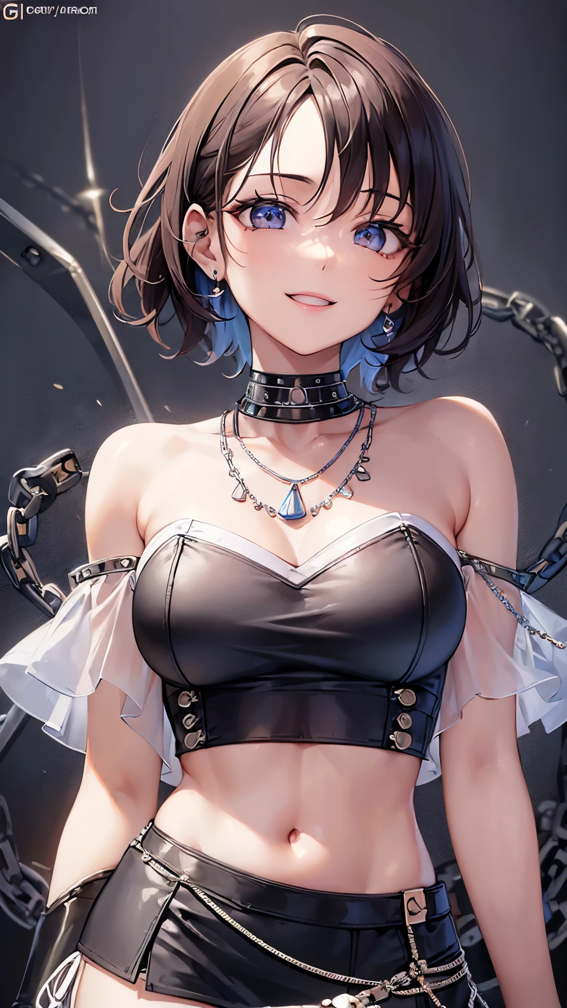 ((highest quality)),(ultra high resolution),(Super detailed),(detailed description),((best CG)),(best work of art),super precision art,amazing drawing art,(Fashion art with precise details:1.5), (Adult Female 1.6),(off shoulder crop top tube top:1.6),(tight mini skirt:1.6),(beautiful and well-shaped face:1.5),(smile:1.6),light makeup:1.4,(Gorgeous short hair detailed and detailed:1.8),(Thin Chain Necklace:1.6),