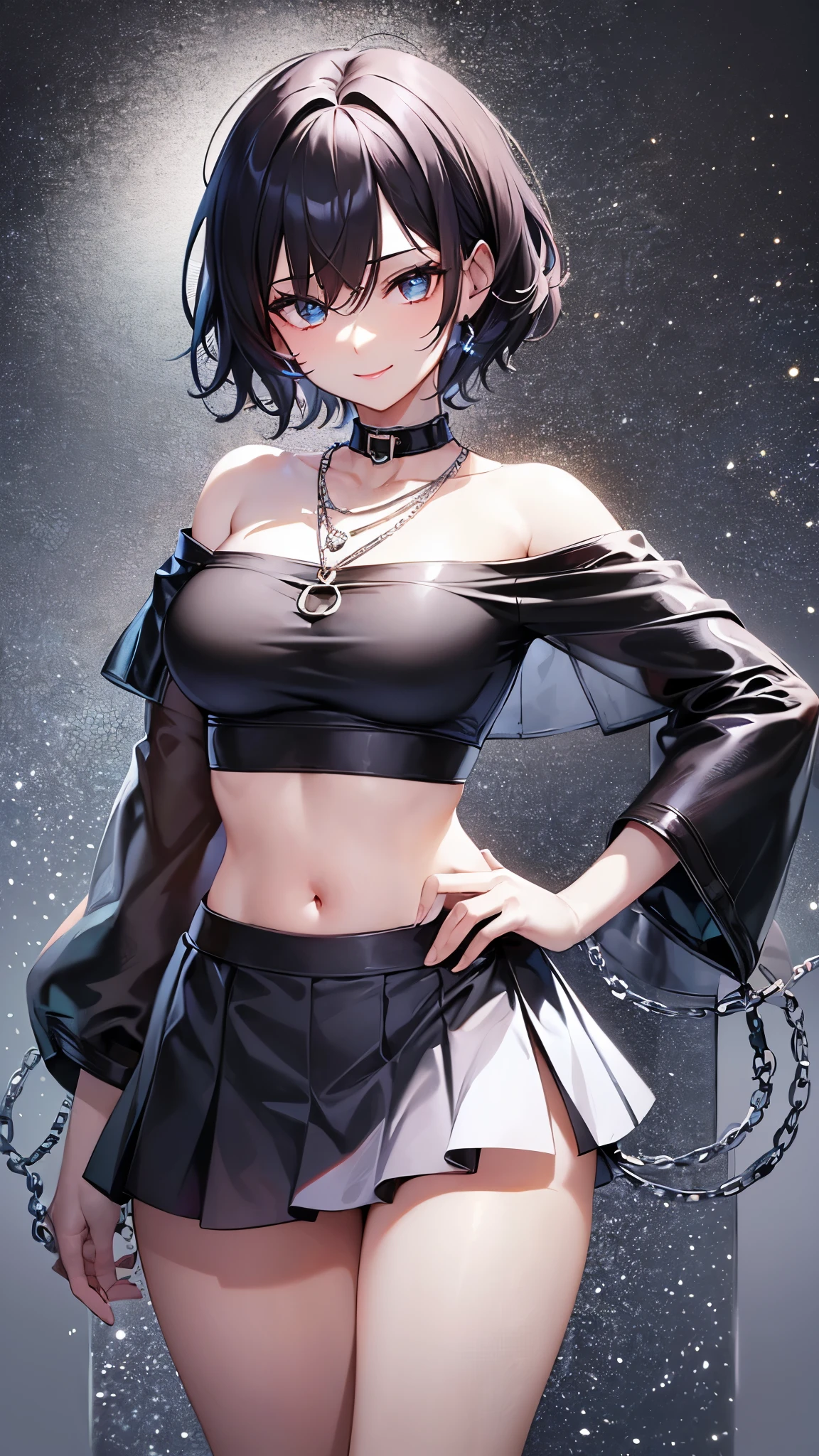 ((highest quality)),(ultra high resolution),(Super detailed),(detailed description),((best CG)),(best work of art),super precision art,amazing drawing art,(Fashion art with precise details:1.5), (Adult Female 1.6),(off shoulder crop top tube top:1.6),(tight mini skirt:1.6),(beautiful and well-shaped face:1.5),(smile:1.6),light makeup:1.4,(Gorgeous short hair detailed and detailed:1.8),(Thin Chain Necklace:1.4),