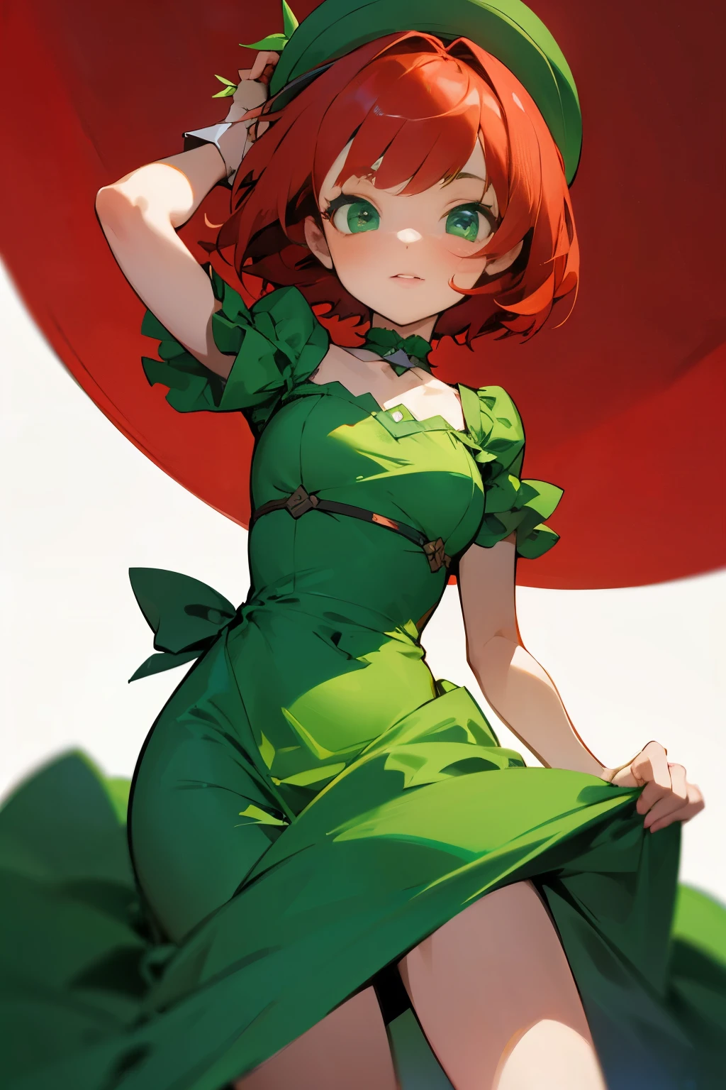 Cute girl, short red hair, green dress