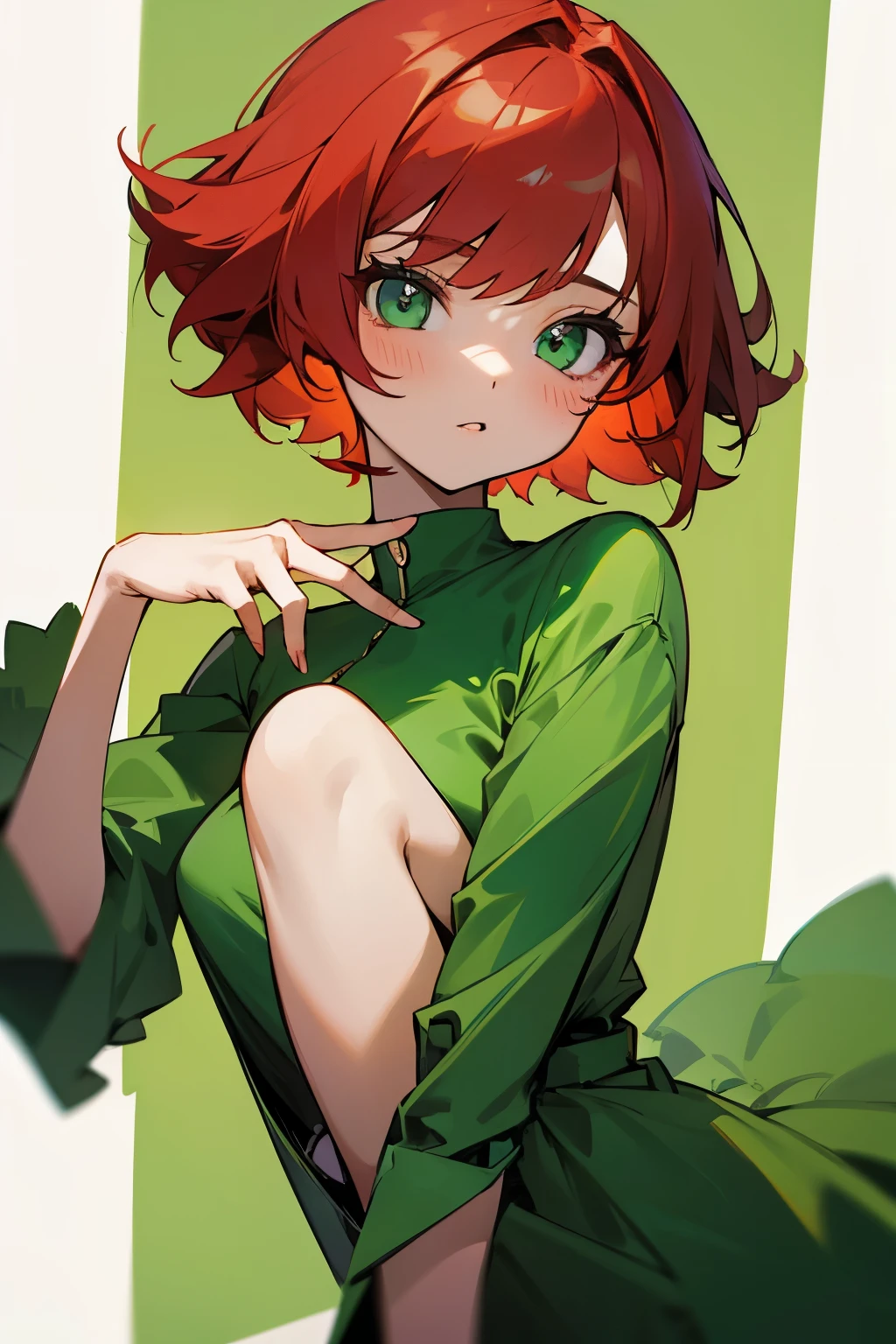 Cute girl, short red hair, green dress 