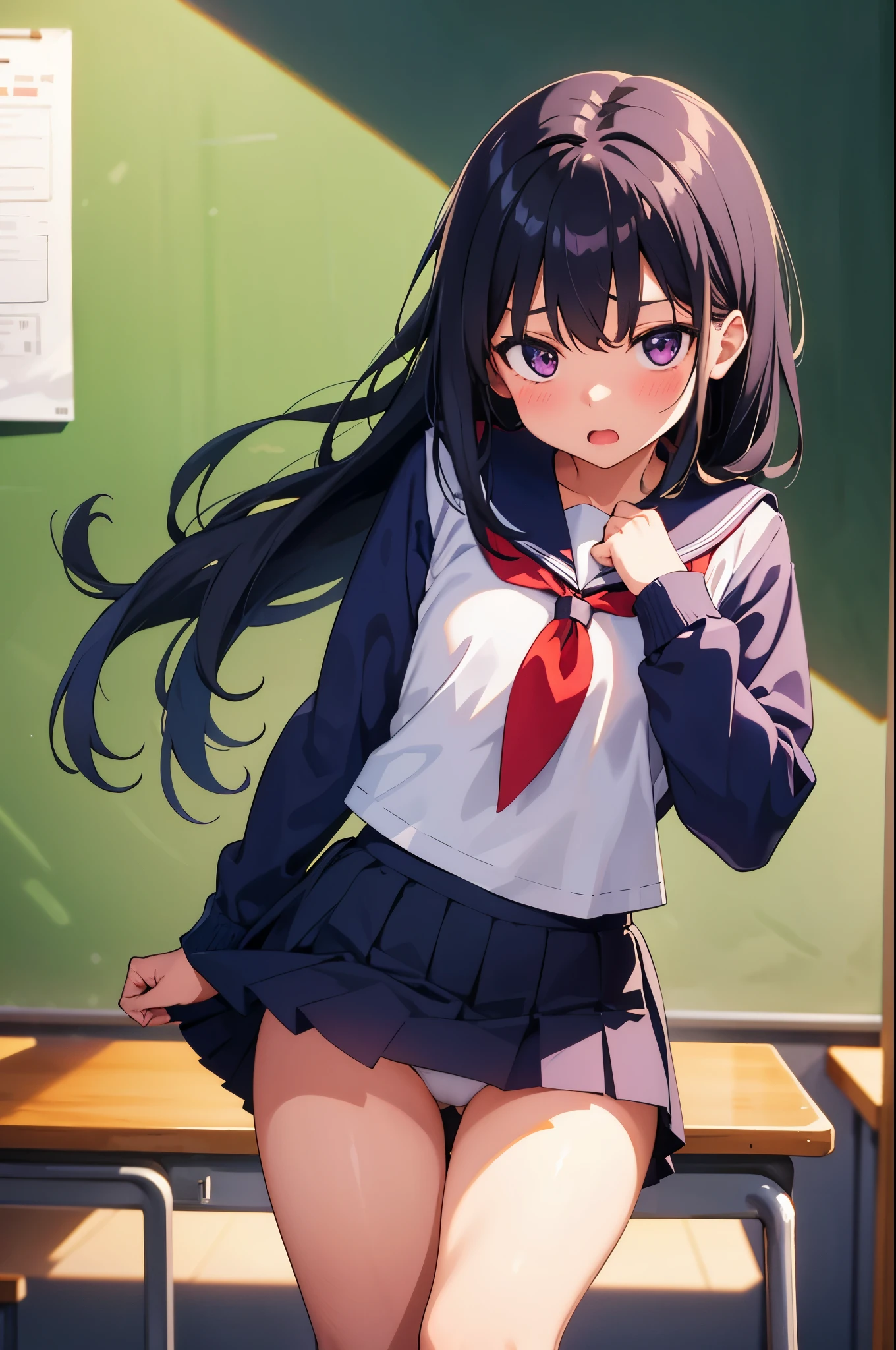 -year-old flat chest black hair long hair are ple embarrassed look((1 person)) White upper body long sleeve sailor uniform Lower body navy blue miniskirt white panties She stands in front of the blackboard and lifts up her skirt with both hands to show her panties. sports boots spread your legs a little((I can see white panties)) dynamic angle Low angle from the front
