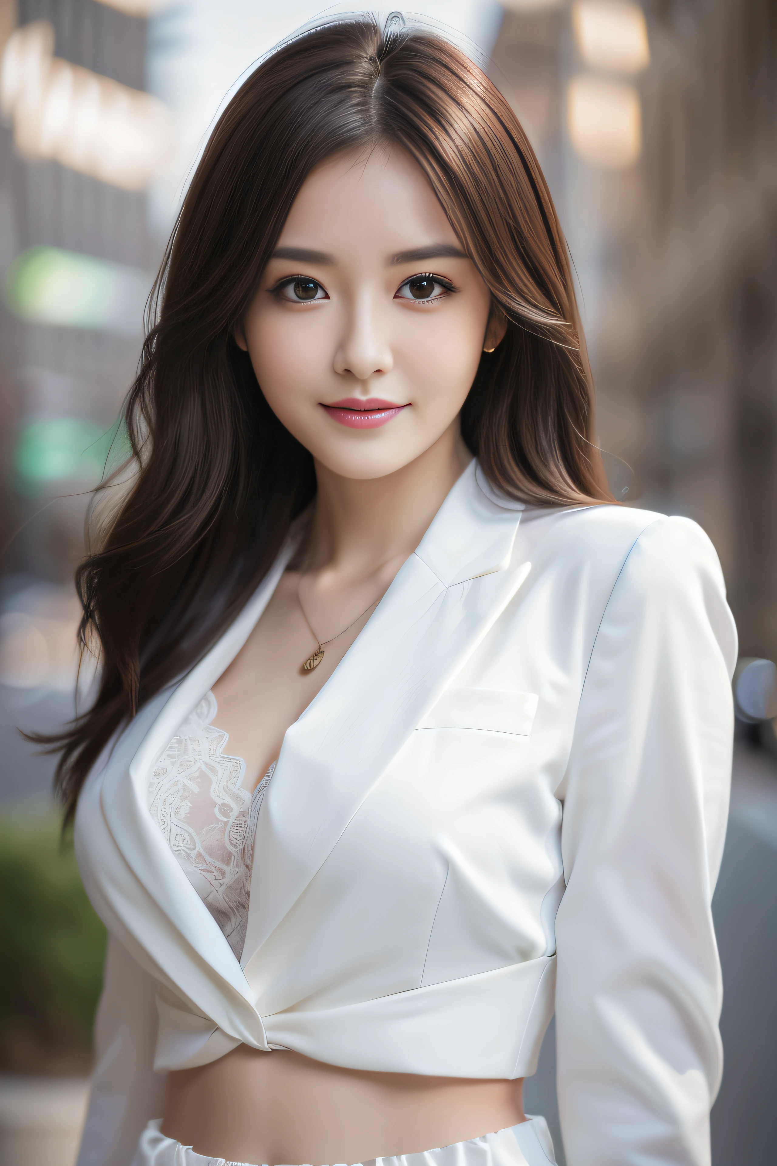 (realistic, Photoreal:1.37),(8k, RAW photo, highest quality, table top:1.2), cute, super detailed,heart-shaped eyes,Physically based rendering, 超A high resolution, kodak vision color, Taken with Aricum LT camera, Bokeh, sharp focus, looking at the viewer,realistic,realistic, alone, realistic, highest quality,highly detailed face,highly detailed eyes and face, detailed and beautiful eyes,absurd, incredibly ridiculous,unforgettable smile,hair is dirty, floating hair, ,white business suit,tied waist,