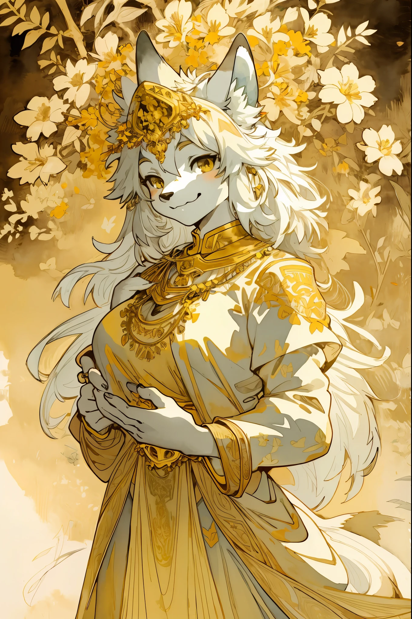 monochrome, watercolor, highres, top quality, best quality, paid reward available, High-quality illustrations by Alphonse Mucha, unparalleled masterpiece, perfect artwork, absurdres, 1girl, kemono, furry, detailed body fur, animal face, animal hand, Archaic Smile, holding a cluster of gold flower in both hands, which are positioned at chest level, She is wearing a simple ring on the ring finger of her left hand, unfocused spread of gold flower, fan-created work shared on platforms Pixiv or Twitter, Watercolor elements that seem to shift through time,
