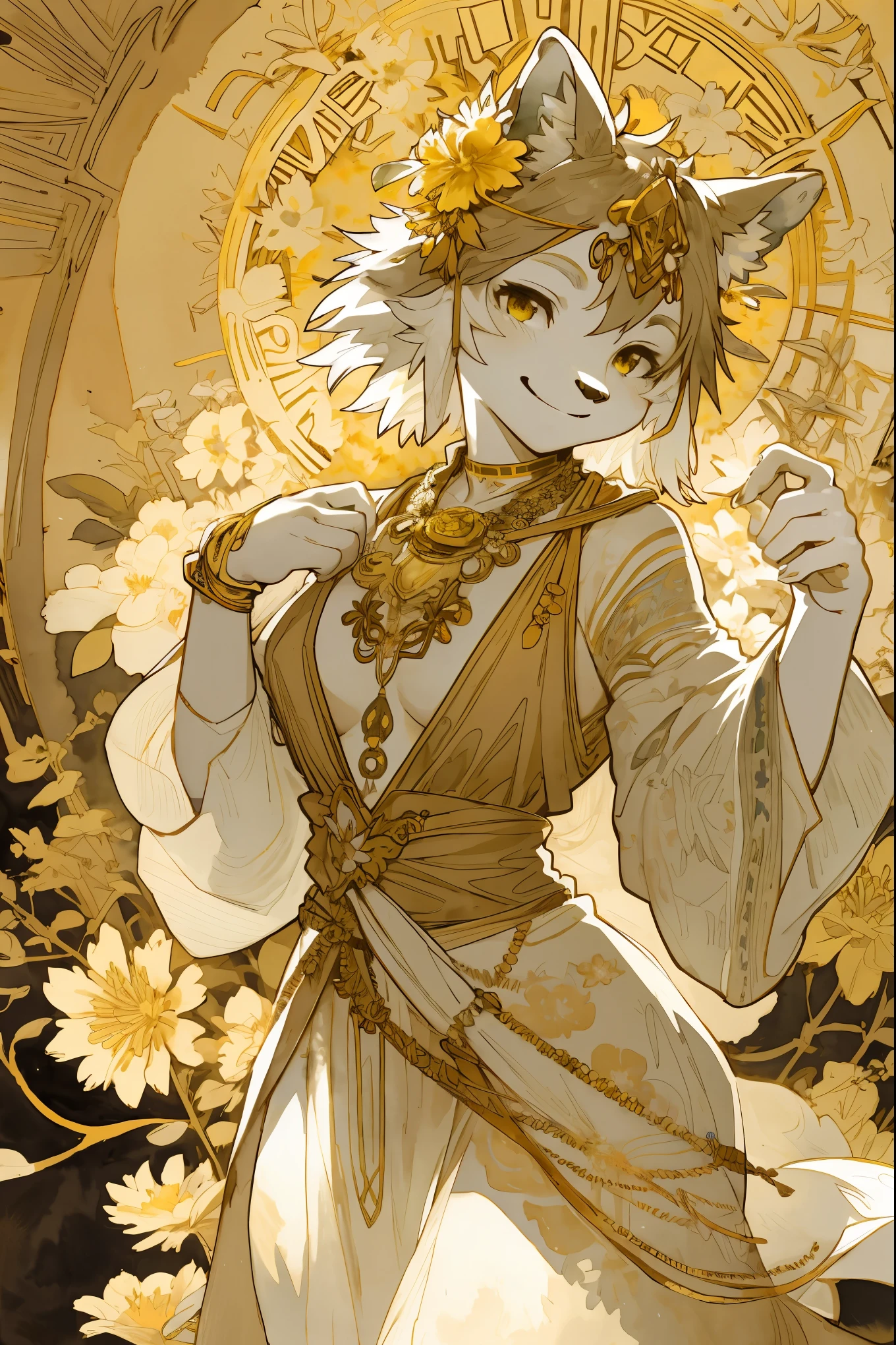monochrome, watercolor, highres, top quality, best quality, paid reward available, High-quality illustrations by Alphonse Mucha, unparalleled masterpiece, perfect artwork, absurdres, 1girl, kemono, furry, detailed body fur, animal face, animal hand, Archaic Smile, holding a cluster of gold flower in both hands, which are positioned at chest level, She is wearing a simple ring on the ring finger of her left hand, unfocused spread of gold flower, fan-created work shared on platforms Pixiv or Twitter, Watercolor elements that seem to shift through time,