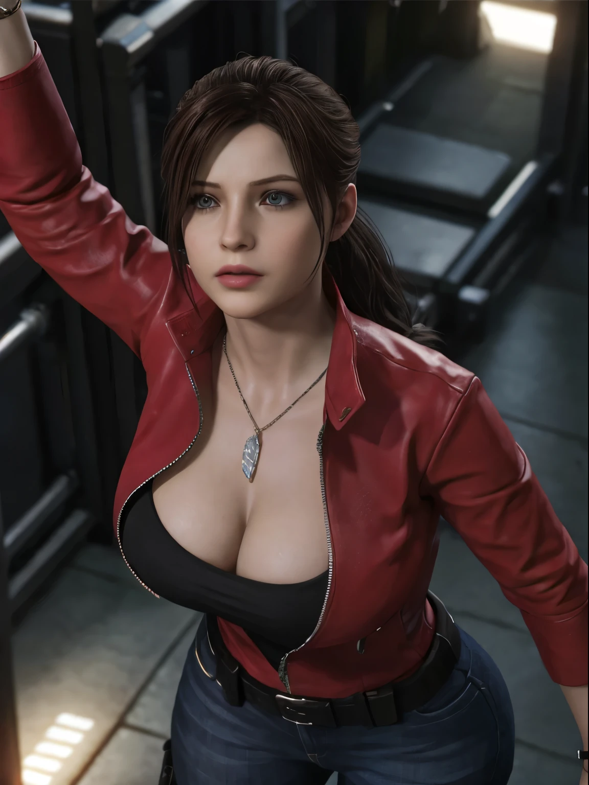 Claire Redfield, {{master part, best quality, CG extremamente detalhado, Unity 8k papel de parede, Cinematic lighting}},  1girl, Mulher nova, corpo inteiro, dia ensolarado, belos olhos detalhados, (seios grandes, clivagem), Bunda redonda, looking up at the audience, long eyelashes