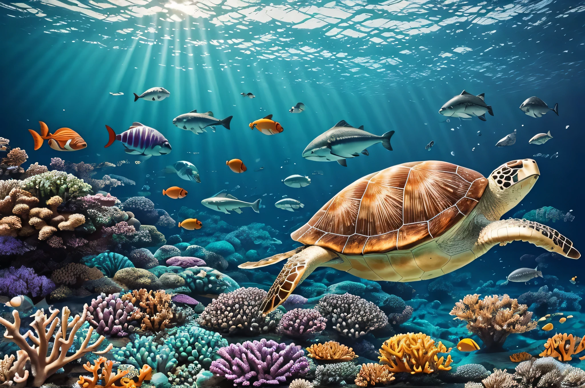 Imagine a surreal underwater world where jellyfish float gracefully among glowing coral reefs, while schools of colorful fish dart playfully around ancient shipwrecks. In the distance, a majestic sea turtle glides serenely through the crystal-clear waters, surrounded by shimmering shoals of fish. Capture the ethereal beauty and tranquility of this underwater paradise in your jigsaw puzzle design, blending realism with a touch of fantasy to create a mesmerizing and immersive puzzle experience.