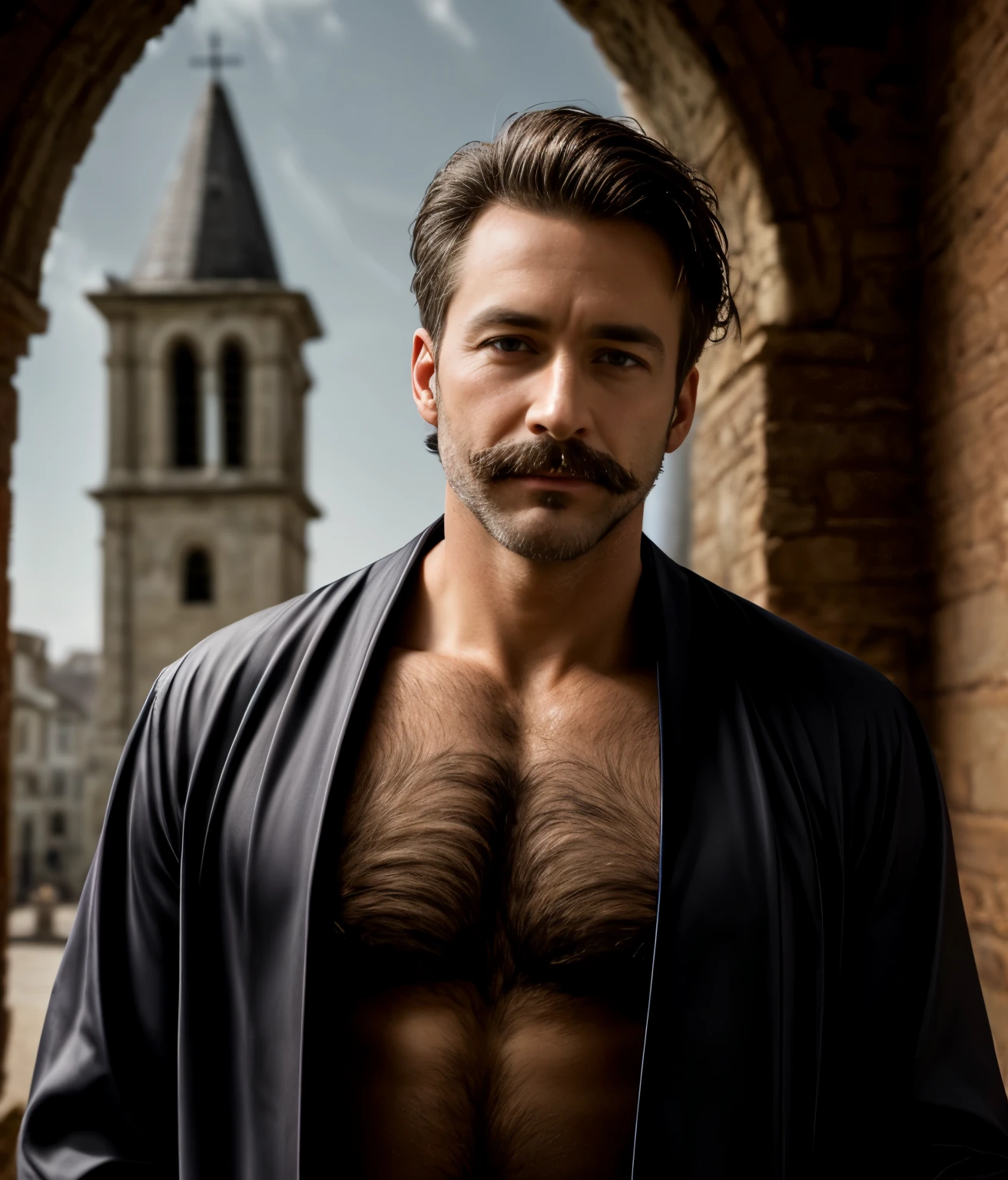 masterpiece, best quality, high resolution, closeup portrait, male focus, solo focus, A man, 45 years old, with priest uniform, priest clothes, priest father, silver grey hair, goatee moustache, messy hairstyle, cute and seductive face, bare chest, body hair, facial hair, roman nose, scruffy, hairy abs,  skinny body, hairy legs, dimples, beard, bold jawline , in the background a church back room,  view from below, amazing composition, front view, HDR, ultra quality, elegant, highly detailed, sexual tension, seductive