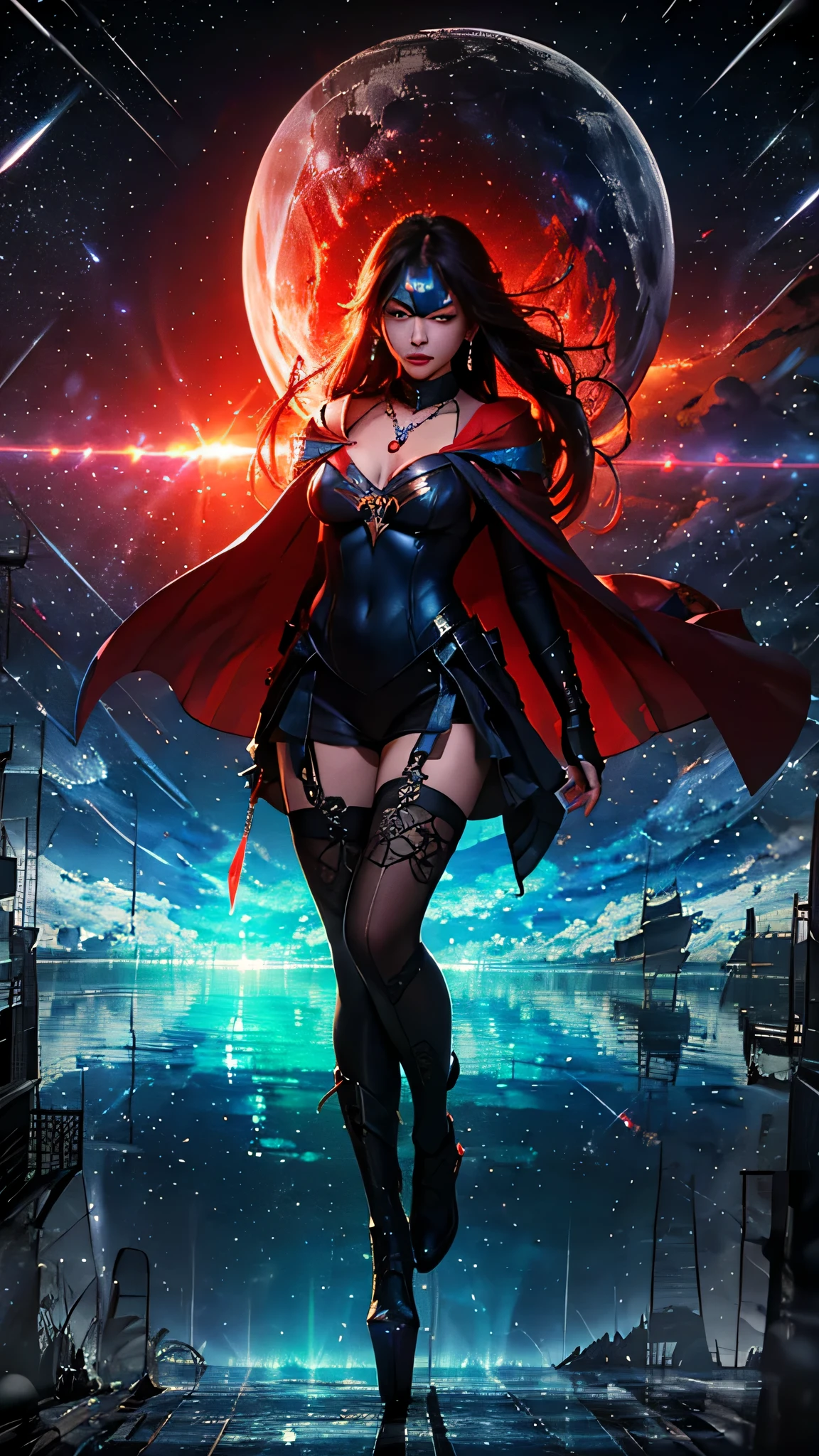 最high quality、best image quality、masterpiece、girl((20-year-old、 By becoming、vest bust、medium bust,wide open breast tea、shining eyes, neon hair、long hair、thin,highest valley、Black Hero Suit、Red Hero Mask、blue cloak、scream、full body tattoo,diamond earrings、Wristband、necklace,dual sword style)),high quality、beautiful art、background((night、red thunder、storm、gust of wind、tornado))、Flight、debris flies、Depth of written boundary、movie、visual art、perfect art、8k,genuine、