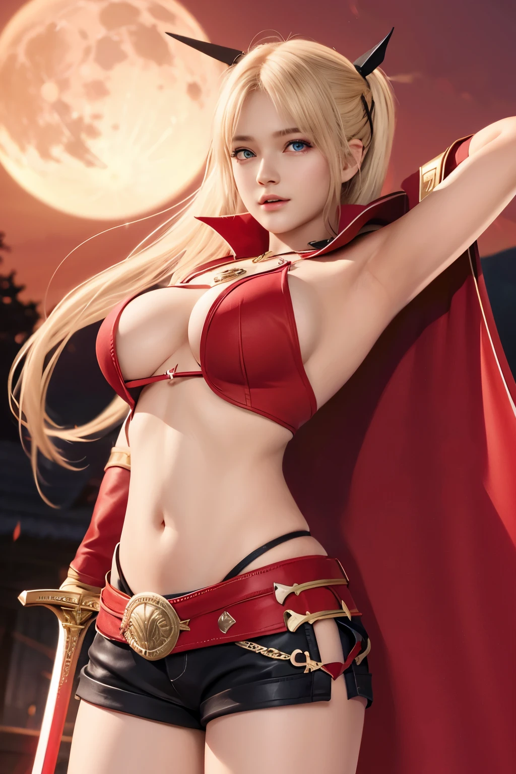 red_background, weapon, red_border, sword, red_sky, jewelry, cape, red_cape, shorts, red_moon, open_mouth, brown_eyes, holding_sword, 1girl, holding_weapon, 1boy, blonde_hair, holding, aggy breast:1.5)