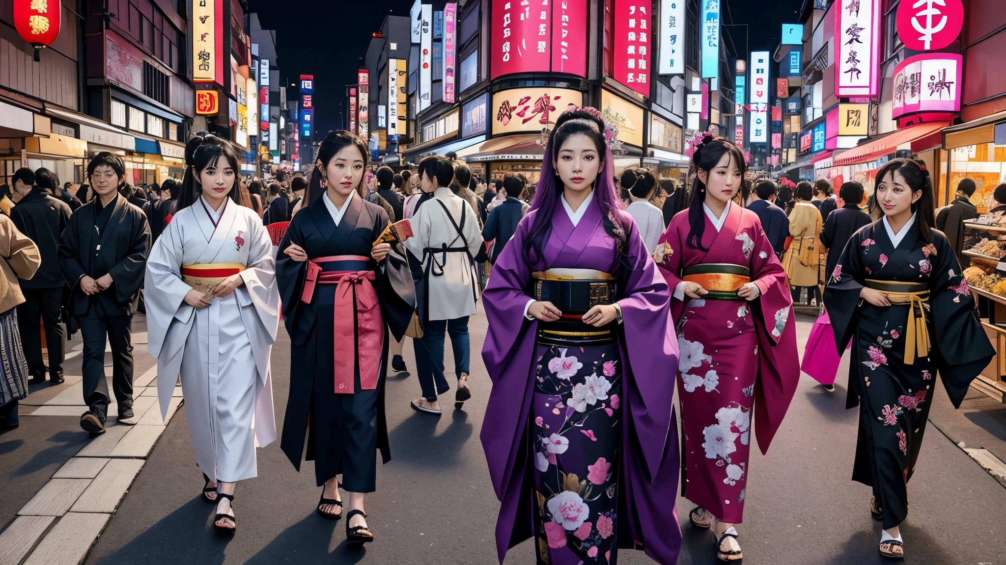 shopping、shopping、luster、kimono、luster、kimono、kimono、Japan、Japan、Japan、hiragana、hiragana、hiragana、hiragana、Chinese character、Chinese character、Chinese character、Chinese character、Chinese character、future city、Edo、Japan、cyber punk、(pink long hair)、black hair、purple hair、robot、crowd of people、comminicate、shopping、masterpiece、highest quality、Detailed and detailed、More than one person、(((highest quality))), ((Super detailed)), (wonderful:1.1),(perfection:1.1)(beautiful)masterpiece、