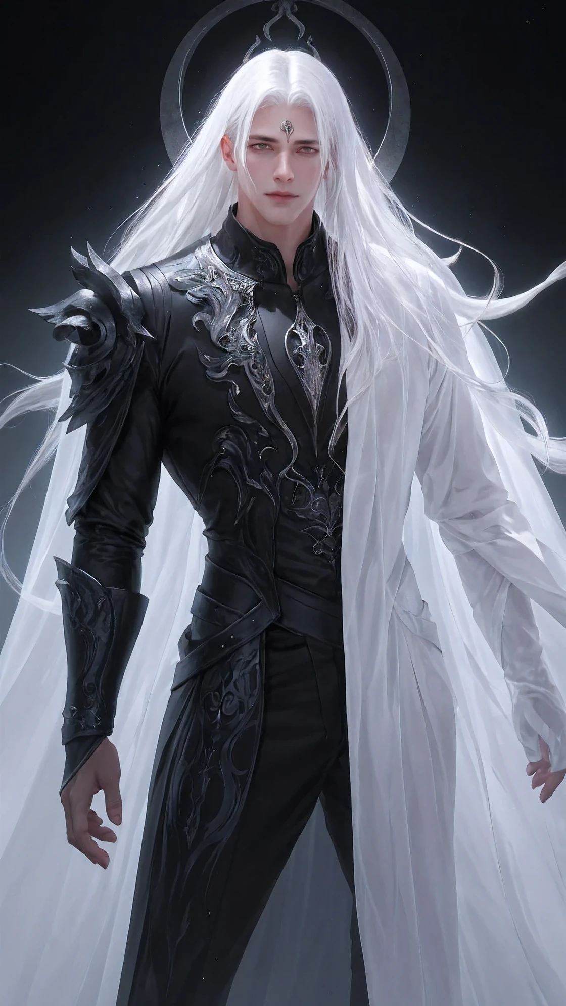 He has grown, flowing white hair. His sharp white eyes flashed with intense light. Wearing a stylish black suit, He exudes a mysterious aura. tall and big，The physique is well-defined, He attracts people&#39;s attention and respect. His profession is death.