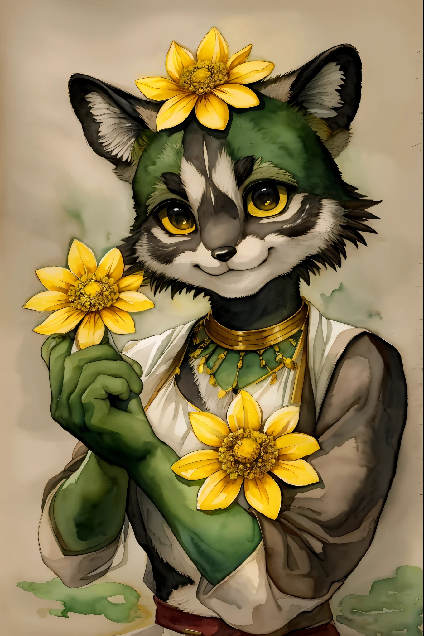 monochrome, watercolor, highres, top quality, best quality, paid reward available, High-quality illustrations, unparalleled masterpiece, perfect artwork, absurdres, 1girl, kemono, furry, detailed body fur, animal face, animal hand, Archaic Smile, holding a cluster of gold flower in both hands, which are positioned at chest level, She is wearing a simple ring on the ring finger of her left hand, unfocused spread of gold flower, fan-created work shared on platforms Pixiv or Twitter, Watercolor elements that seem to shift through time, Michelangelo Buonarroti,