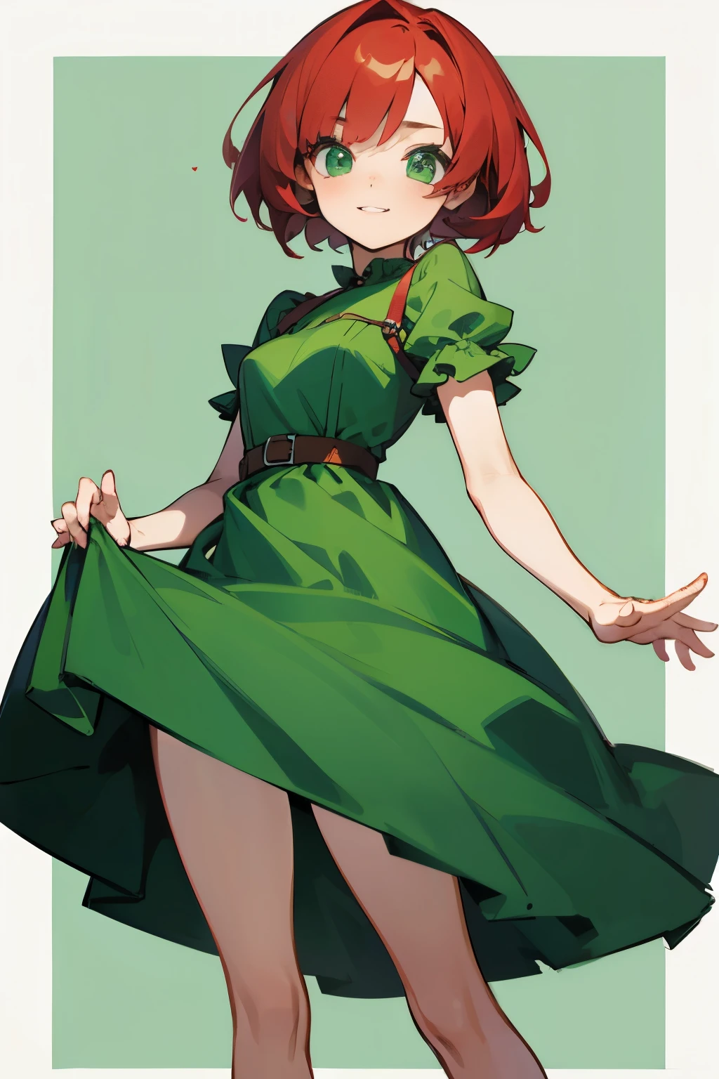 Red hair, pony tail, black eyes, green shirt, black panties, breast, wide hips, large breast, nipple, solo, bare breast, bottomless, undressed, bare legs, thigh high socks , blushing, angry, solo, single female