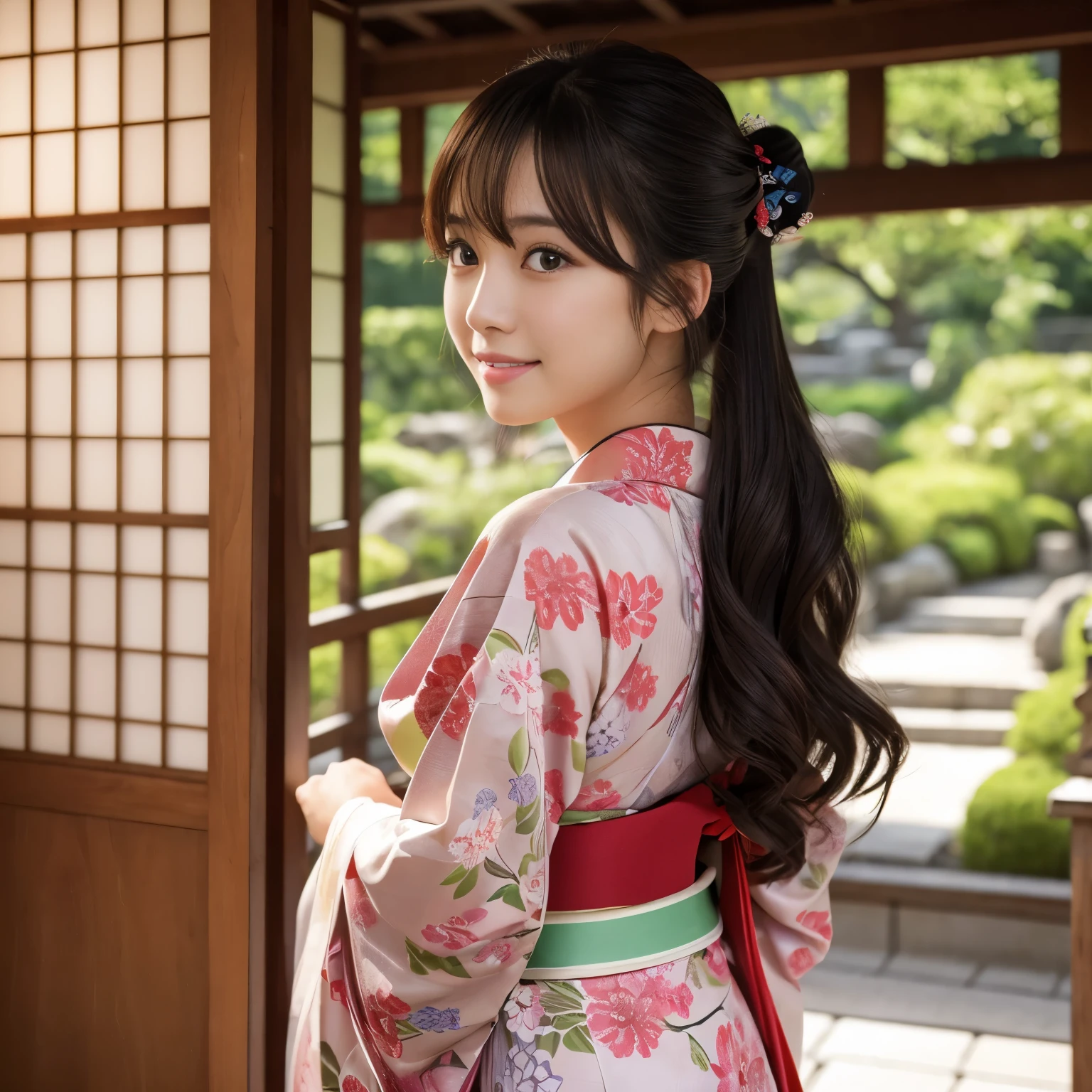Best-quality, Masterpiece, Ultra-High-Resolution, (Photorealistic:1.4), Raw-Photo, 1girl, the most famous Japanese idol, wearing Japanese-KIMONO, upturned ass that wearing Japanese-KIMONO, looking at viewer, innocent-smile, the most cute face, the most beautiful big-eyes, the most beautiful hair, the most beautiful skins, the most beautiful long-eyelashes, the most beautiful lips, the most beautiful ass that wearing Japanese-KIMONO