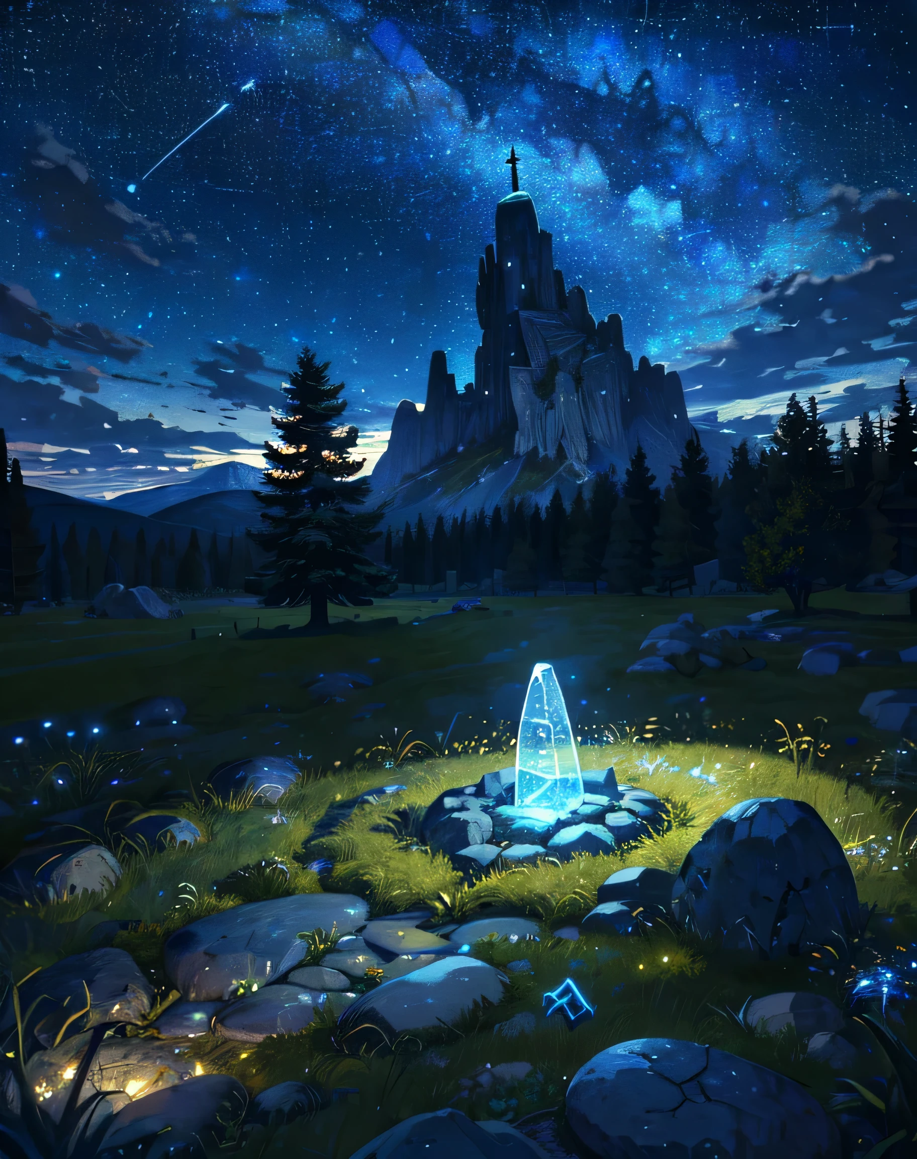 starry night, grass field, stone tower, rune on boulder, clear sky, trees, landscapes, stone path, (masterpiece, best quality: 1.2)