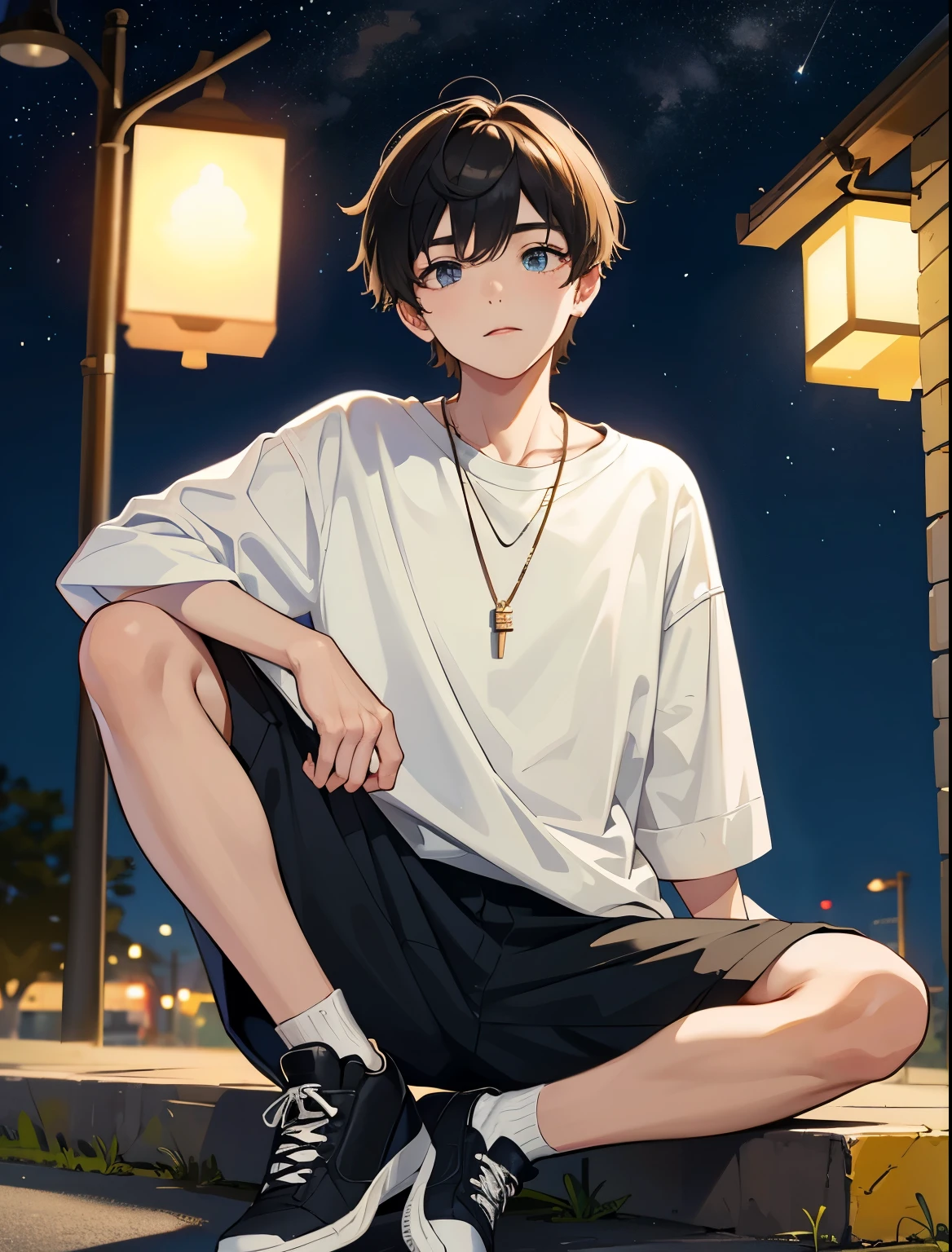 a young boy，dressed in casual clothes，wear sneakers，with necklace，sit under a street lamp，night，Look up and count the stars in the sky，people々close-up of，ultra high resolution