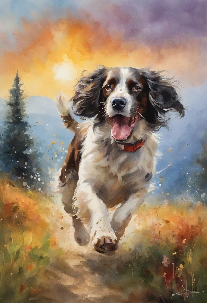 A springer spaniel dog running in a field under the colorful rainbow, with fluffy clouds scattered across the blue sky. The dog's fur is portrayed in ultra-detailed fashion, capturing every strand and texture. The scene is bathed in soft, natural lighting, enhancing the vibrant colors of the rainbow. The atmosphere feels playful and lighthearted, as the dog joyfully leaps through the spray of water droplets, creating a sense of movement and energy. In the background, there is a sense of distance, with rolling hills and trees dotting the landscape. The dog's excitement is further emphasized by a person in the scene, extending their arms for a warm hug. The entire image is crafted in a realistic and vivid style, resembling a masterpiece painting, with sharp focus and precise attention to detail.