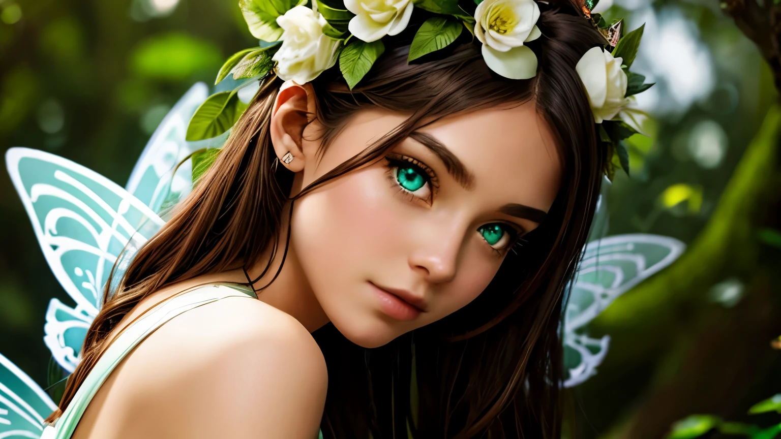A fairy with green eyes and a wreath on her head looks into the camera. white back ground