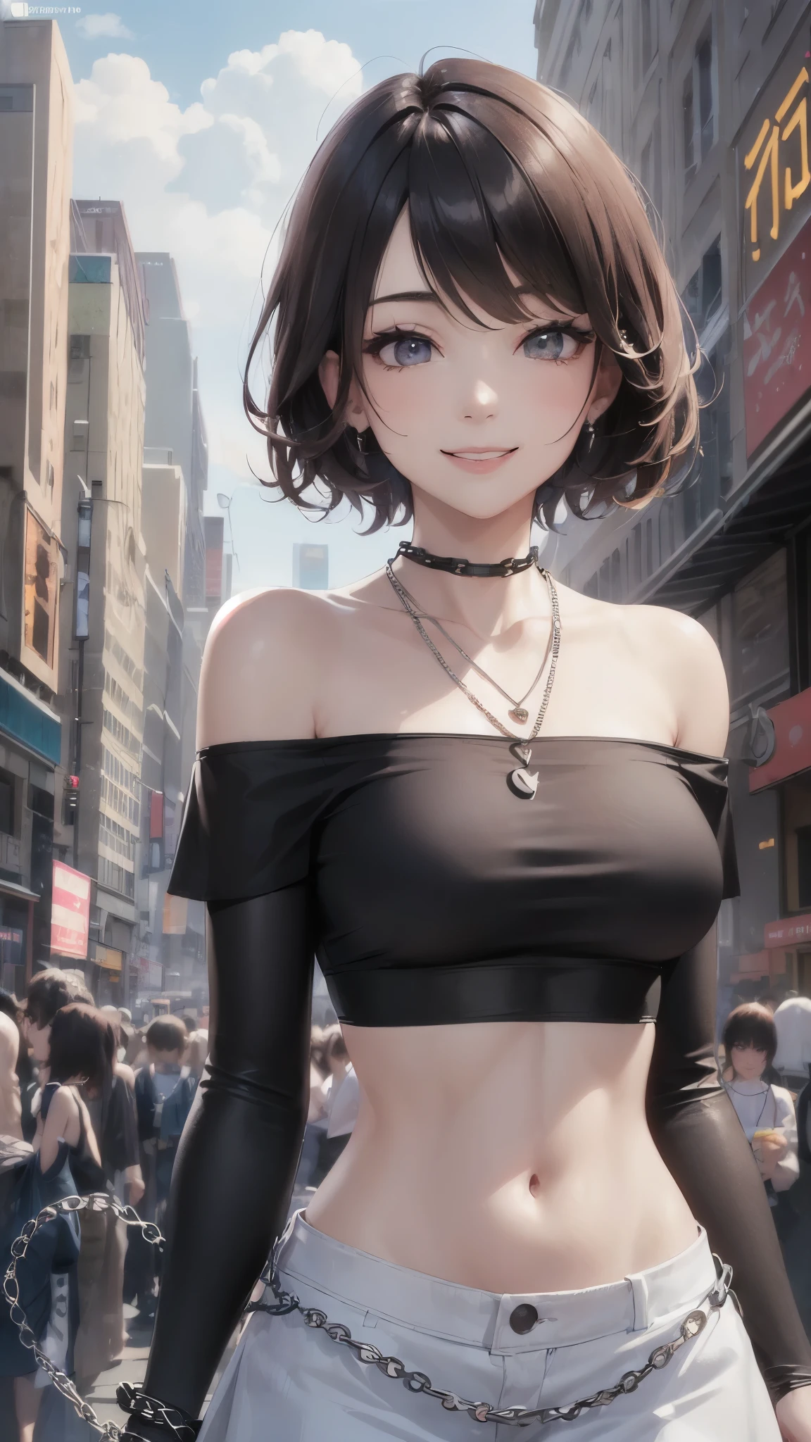((highest quality)),(ultra high resolution),(Super detailed),(detailed description),((best CG)),(best work of art),super precision art,amazing drawing art,(Fashion art with precise details:1.5), (Adult Female 1.6),(off shoulder crop top tube top:1.6),(tight mini skirt:1.6),(beautiful and well-shaped face:1.5),(smile:1.6),light makeup:1.4,(Gorgeous short hair detailed and detailed:1.8),(Thin Chain Necklace:1.6), She looks at you in the crowd and smiles