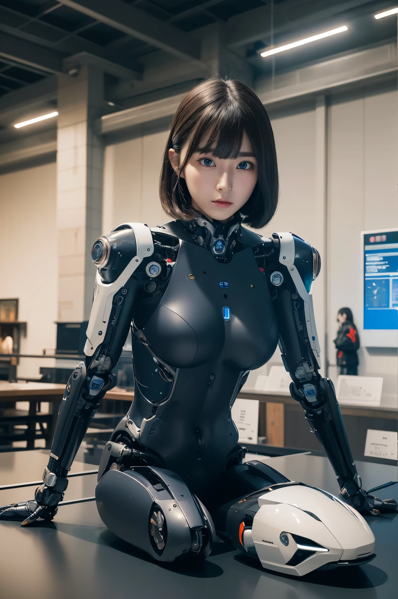 masterpiece, Best Quality, Extremely detailed, 8K portrait,Japaese android girl,Plump , control panels,Robot arms and legs, Blunt bangs,Charging spot,She has charged energy,She is exhibits,museum hall,blue eyes