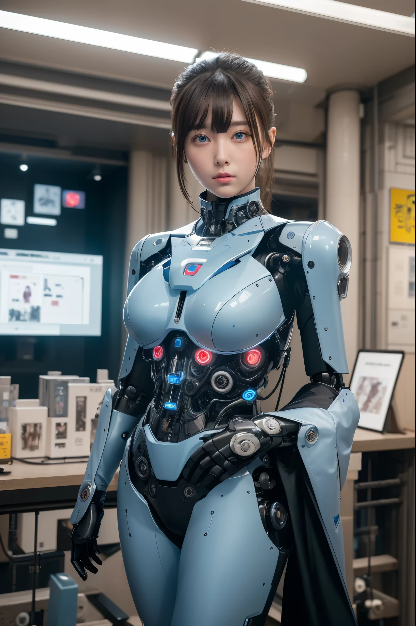masterpiece, Best Quality, Extremely detailed, 8K portrait,Japaese android girl,Plump , control panels,Robot arms and legs, Blunt bangs,Charging spot,She has charged energy,She is exhibits,museum hall,blue eyes