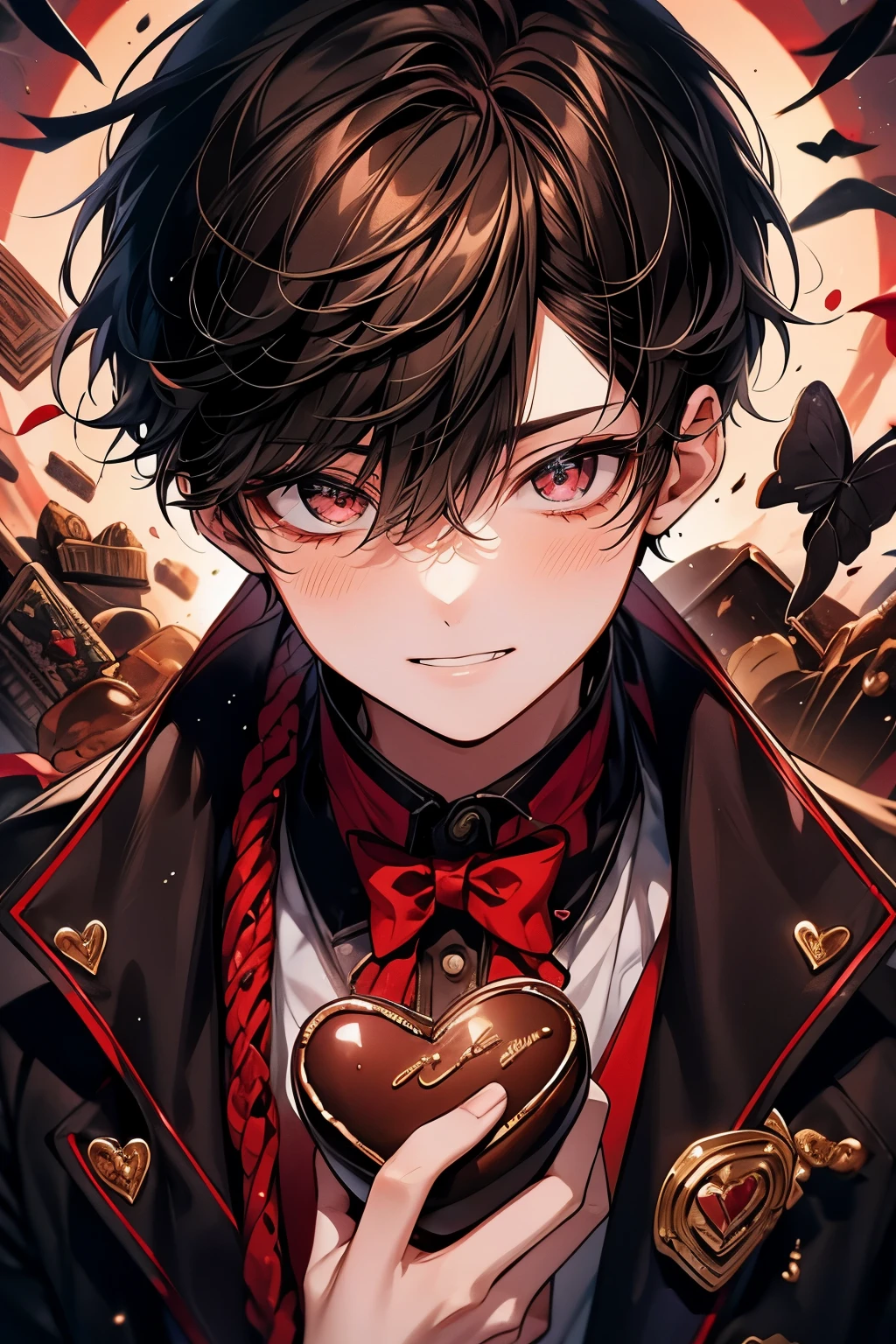 (pieces fly), (highest quality), very detailed, ((two boys)), perfect face, beautiful face, very detailed顔,(brown-haired boy and black-haired boy:1.3),(red eyes:1.4),chocolate,Valentine,ribbon,heart,light,smile,long eyelashes,頬にheartマーク,溶けたchocolate,Covered in chocolate