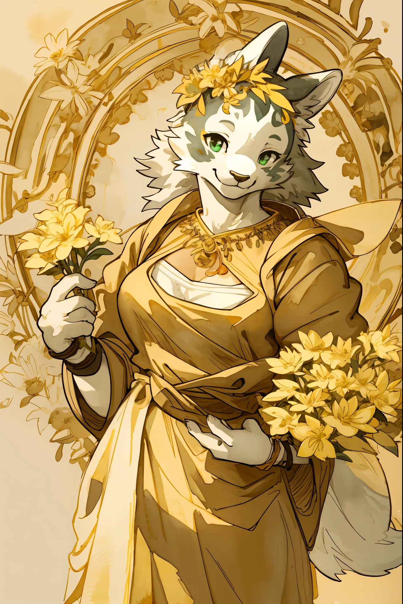 monochrome, watercolor, highres, top quality, best quality, paid reward available, High-quality illustrations by Michelangelo Buonarroti, unparalleled masterpiece, perfect artwork, absurdres, 1girl, kemono, furry, detailed body fur, animal face, animal hand, Archaic Smile, holding a cluster of gold flower in both hands, which are positioned at chest level, She is wearing a simple ring on the ring finger of her left hand, unfocused spread of gold flower, fan-created work shared on platforms Pixiv or Twitter, Watercolor elements that seem to shift through time,
