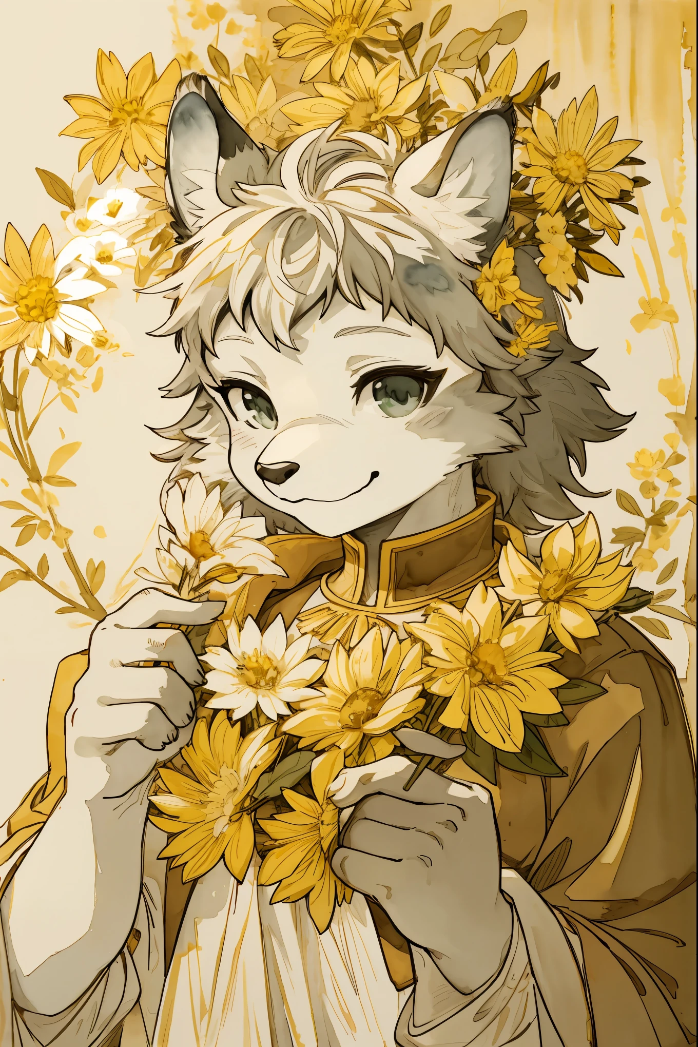 monochrome, watercolor, highres, top quality, best quality, paid reward available, High-quality illustrations by Michelangelo Buonarroti, unparalleled masterpiece, perfect artwork, absurdres, 1girl, kemono, furry, detailed body fur, animal face, animal hand, Archaic Smile, holding a cluster of gold flower in both hands, which are positioned at chest level, She is wearing a simple ring on the ring finger of her left hand, unfocused spread of gold flower, fan-created work shared on platforms Pixiv or Twitter, Watercolor elements that seem to shift through time,