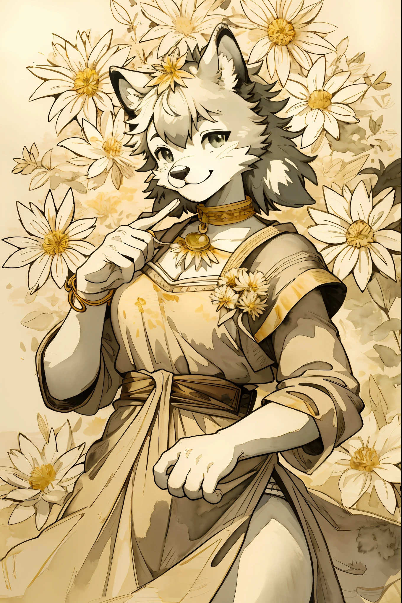 monochrome, watercolor, highres, top quality, best quality, paid reward available, High-quality illustrations by Michelangelo Buonarroti, unparalleled masterpiece, perfect artwork, absurdres, 1girl, kemono, furry, detailed body fur, animal face, animal hand, Archaic Smile, holding a cluster of gold flower in both hands, which are positioned at chest level, She is wearing a simple ring on the ring finger of her left hand, unfocused spread of gold flower, fan-created work shared on platforms Pixiv or Twitter, Watercolor elements that seem to shift through time,