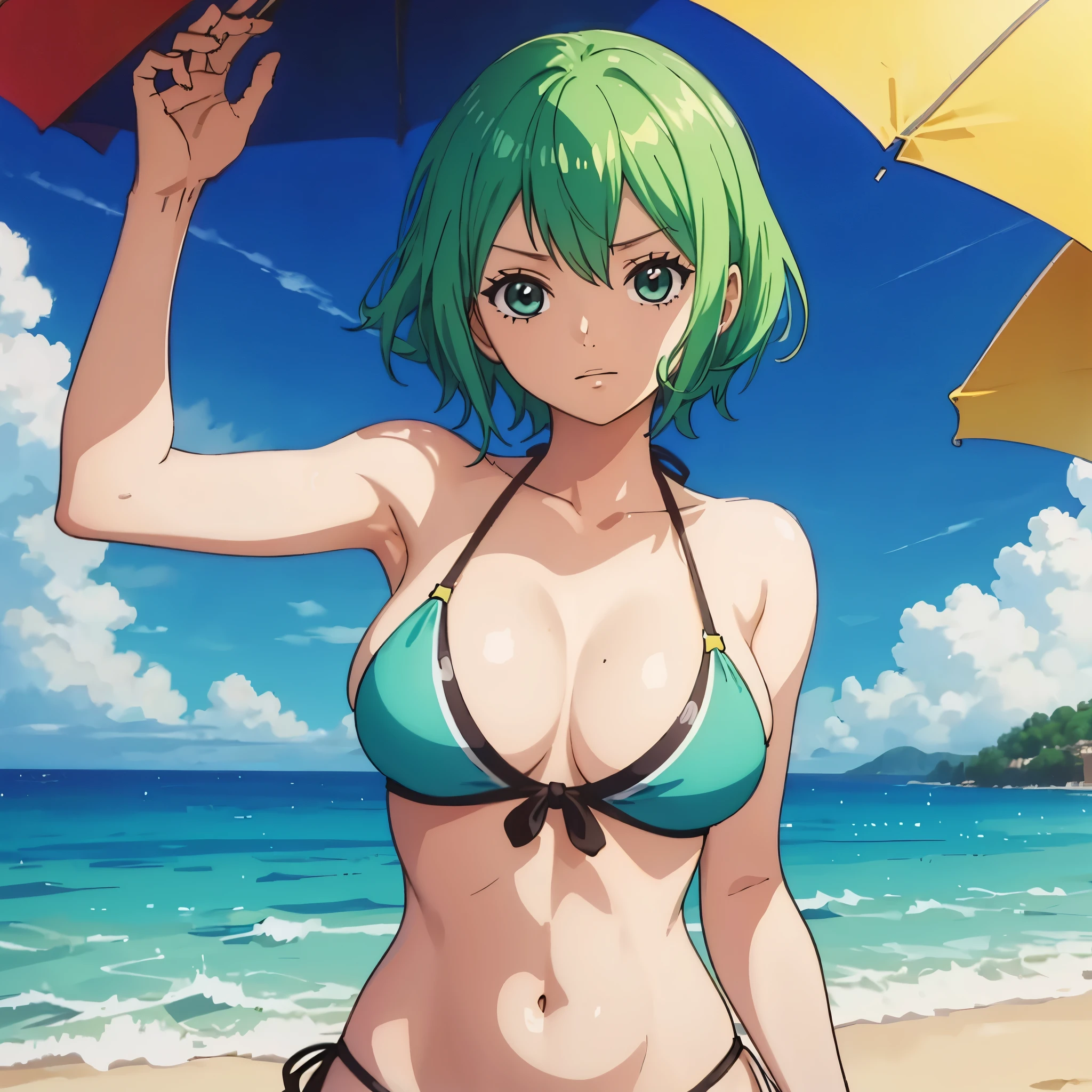 a beautiful character in a bikini enjoying the sun, her body resembles Nami from one piece, short green hair, eyes the same color.