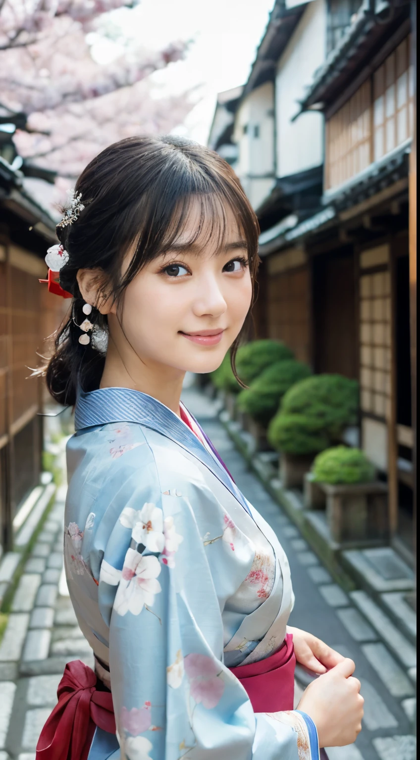 professional lighting,(Photoreal:1.4), (Top image quality:1.0), (超A high resolution:1.0), 8k, Raw photography、(最高quality Detail:1.2)、realistic、8k UHD、High resolution、(1 girl:1.2)、超be familiar withな、High quality textures、intricate details、be familiar with、Very be familiar with CG、High quality shadows、be familiar with 美しく繊細な顔、Beautiful details and delicate eyes、(symmetrical eyes:1.2),written boundary depth、ray tracing,1 girl, japanese girl, (natural smile:1.4),cute, thin, Portrait of a beautiful Japanese woman wearing a kimono, Standing elegantly on a street corner in Kyoto. Kimono with bright traditional patterns, Hair decorated with elegant and delicate hairpins, and a gentle expression. (Against the backdrop of the old streets of Kyoto:1.4)、soft light on a spring afternoon、adds tranquility to the scene. Rendered in a realistic style with great attention to detail, High resolutionの画像.sky porn, magic hour, (realistic:1.3), finely, quality, (table top:1.2), (realistic:1.2), (最高quality), (複雑なbe familiar with), dramatic, ray tracing, photograph, +roller,