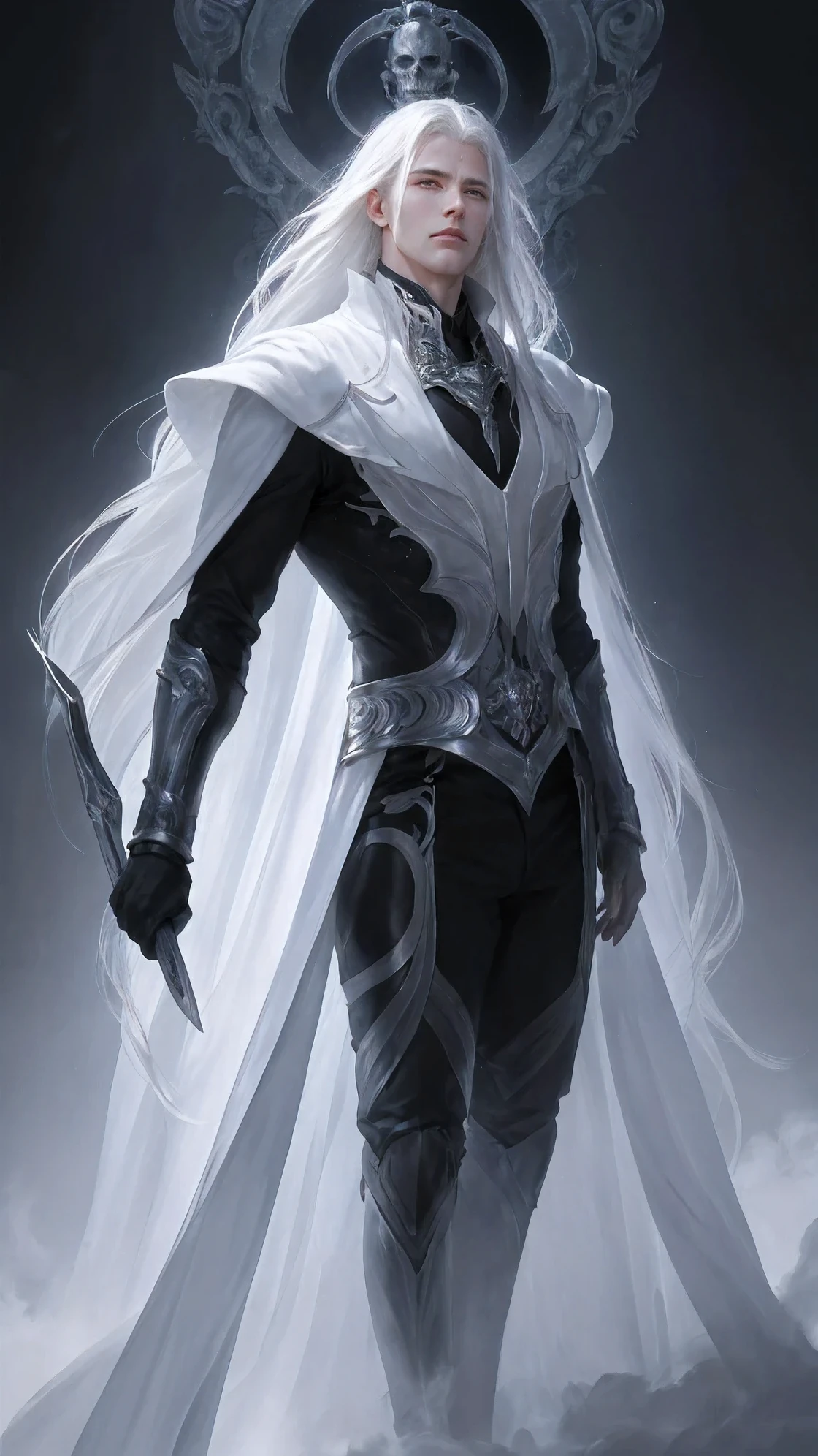 He has grown, flowing white hair. His sharp white eyes flashed with intense light. Wearing a stylish black suit, He exudes a mysterious aura. tall and big,The physique is well-defined, He attracts people's attention and respect. His profession is death.