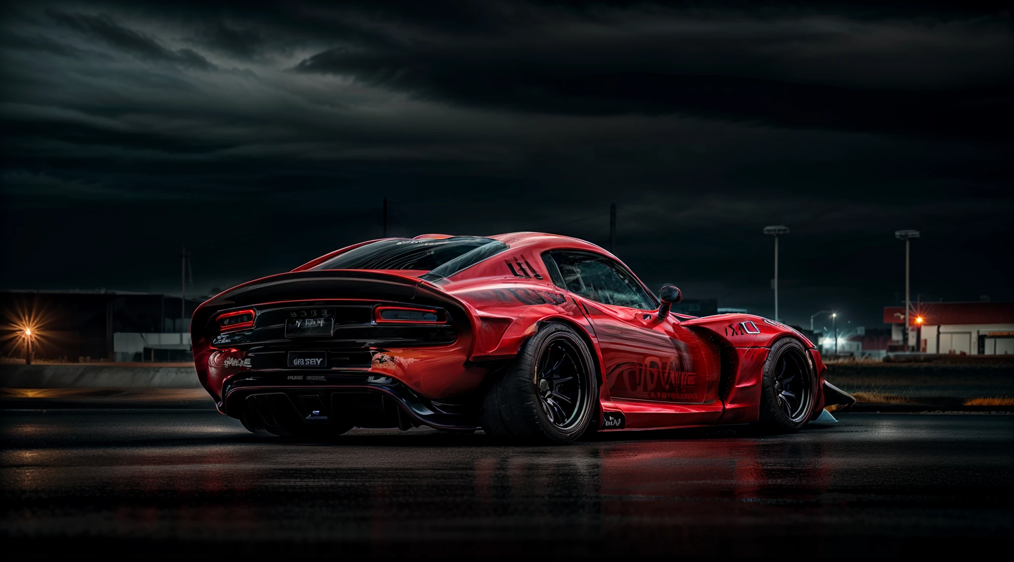 ((Dodge Viper GTS-R)), ((JonSibal design works Body Kit)), ((rear wing spoiler)), blacked out, ((bubblegum blue)), front bumper splitters, side skirts, flared wheel arches, (performance side exhaust) ((ominous looking)), (yellow racing alloy rims), ((lowered racing suspension)), high performance racing tyres, outdoor shot, post apocalyptic buildings((gloomy foggy evening)) Wide angle lens, Urban light night LUT, ensure perfect highlights, midtones and shadows, cgsociety, artstation, photorealistic, cinematic lighting, offset noise, Forza horizon 5 inspiration, ground shadows and reflections, 4k, inspired by dystopian cyberpunk, art by Hugo Silva designs, HDR studio light, {{supreme aerodynamics for maximum downforce}}, Capture One, 3ds max, corona renderer, perfectly coloured, jaw dropping, sensational, menacing look, ((headlights on, concrete backdrop)), 4k wallpaper, ((dusk scene)), sunset, high spec automotive concept art, reflective ground shadows, symmetrical design, CGI, moody and atmospheric, trending on artstation, behance contest winner, cgsociety, imaginative design and craftmanship, dark clouds with post apocalyptic style skies,