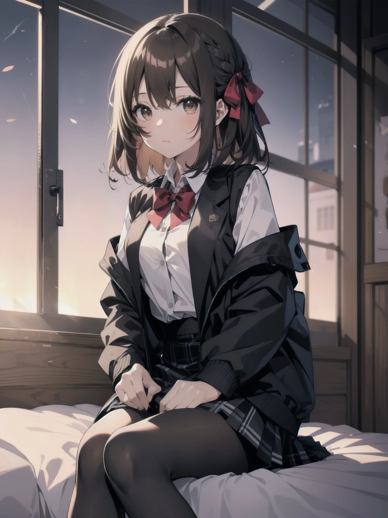 masterpiece, highest quality, High resolution, super detailed, 1 girl、solo、medium hair、braid、colorful hair,one side up,parted bangs,side lock,hair ribbon,Jacket,black Jacket,open Jacket,red bow tie,vest,brown vest,shirt,white shirt,short sleeve,shorter than long sleeve,skirt,black skirt,pantyhose,brown 黒色のpantyhose,Argyle Legwear,indoor,sitting,bed,blush,(embarrassing:1.2),(night:1.4),
