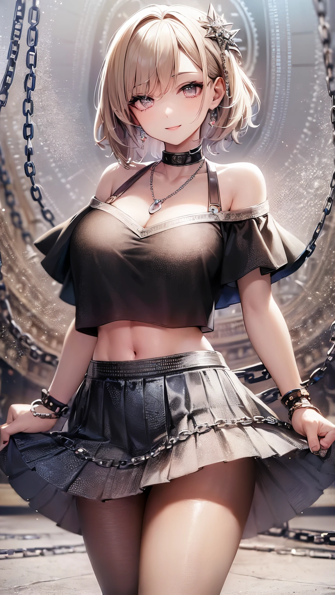 1girl, solo, masterpiece, best quality, high res, highly detailed, illustration, beatiful detailed eyes, yuigahama yui, single hair bun, glossy lips, light makeup, blush, looking at viewer, lips parted, standing, strapless corset, (see-through miniskirt), choker, bracelets, jewelry, blush