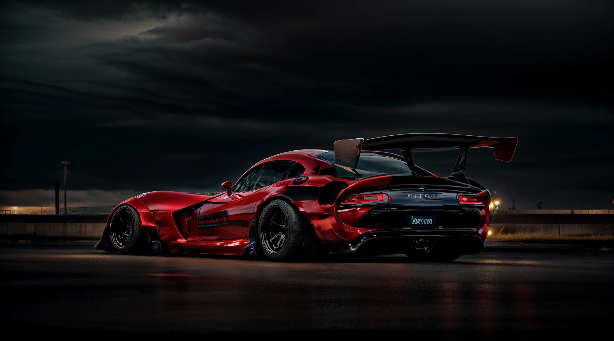 ((Dodge Viper GTS-R)), ((JonSibal design works Body Kit)), ((rear wing spoiler)), blacked out, ((bubblegum blue)), front bumper splitters, side skirts, flared wheel arches, (performance side exhaust) ((ominous looking)), (yellow racing alloy rims), ((lowered racing suspension)), high performance racing tyres, outdoor shot, post apocalyptic buildings((gloomy foggy evening)) Wide angle lens, Urban light night LUT, ensure perfect highlights, midtones and shadows, cgsociety, artstation, photorealistic, cinematic lighting, offset noise, Forza horizon 5 inspiration, ground shadows and reflections, 4k, inspired by dystopian cyberpunk, art by Hugo Silva designs, HDR studio light, {{supreme aerodynamics for maximum downforce}}, Capture One, 3ds max, corona renderer, perfectly coloured, jaw dropping, sensational, menacing look, ((headlights on, concrete backdrop)), 4k wallpaper, ((dusk scene)), sunset, high spec automotive concept art, reflective ground shadows, symmetrical design, CGI, moody and atmospheric, trending on artstation, behance contest winner, cgsociety, imaginative design and craftmanship, dark clouds with post apocalyptic style skies,