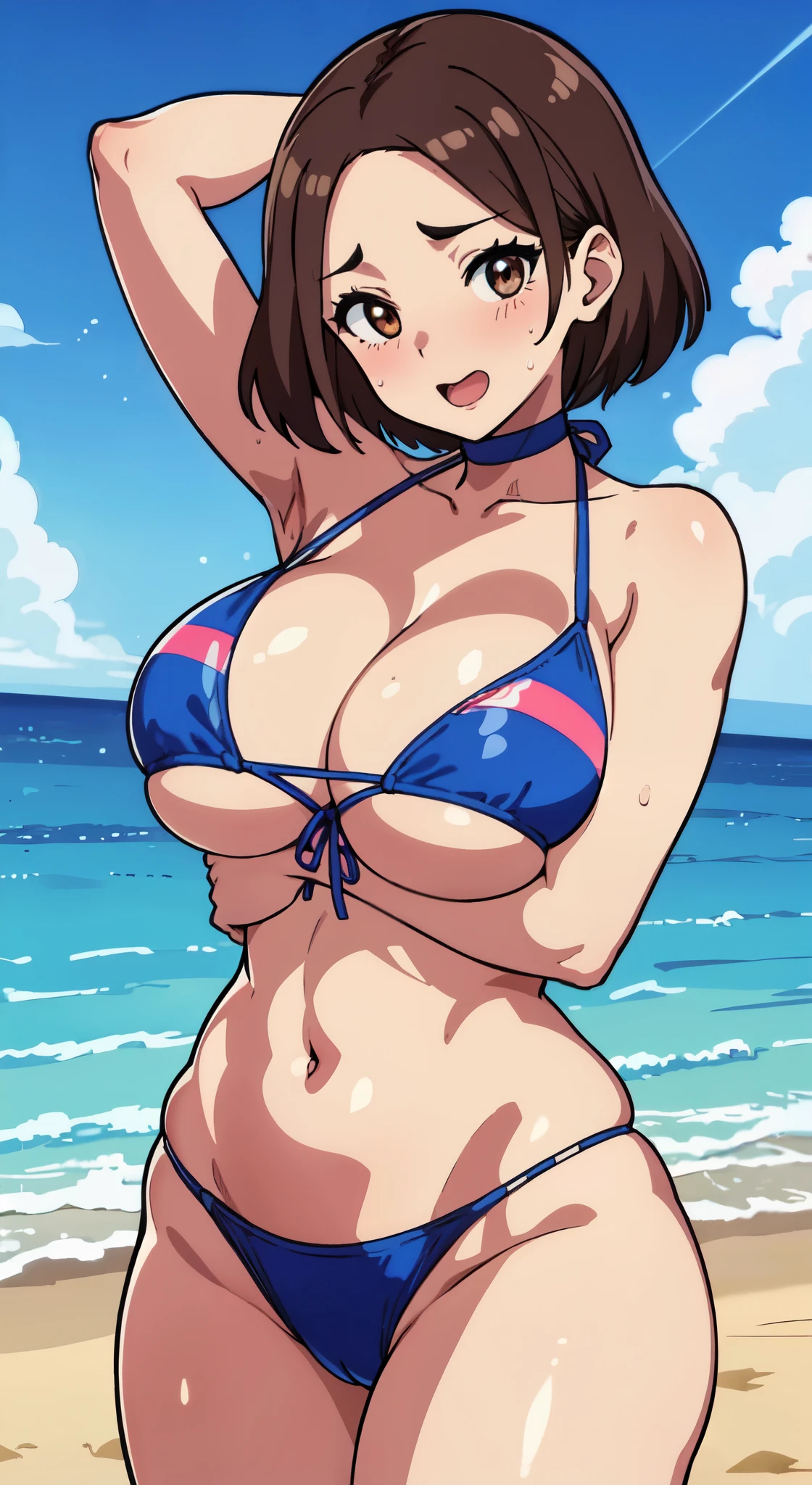 (Close-up、16k、highest quality、high detail、rich skin details、nffsw、anime screen capture)、(NSFW)、Watch anywhere、obedience、mature woman、:D、surprised、wavy mouth、Sweat、((very big breasts))、parted bangs、((Blue Stripe Bikini))、mature woman、brown haired、brown eyes、(short hair)、((Forehead))、blushed、(((embarrassing)))、((((big ass))))、(thick thighs)、armpit、(hands behind head)、(look away)、beach
