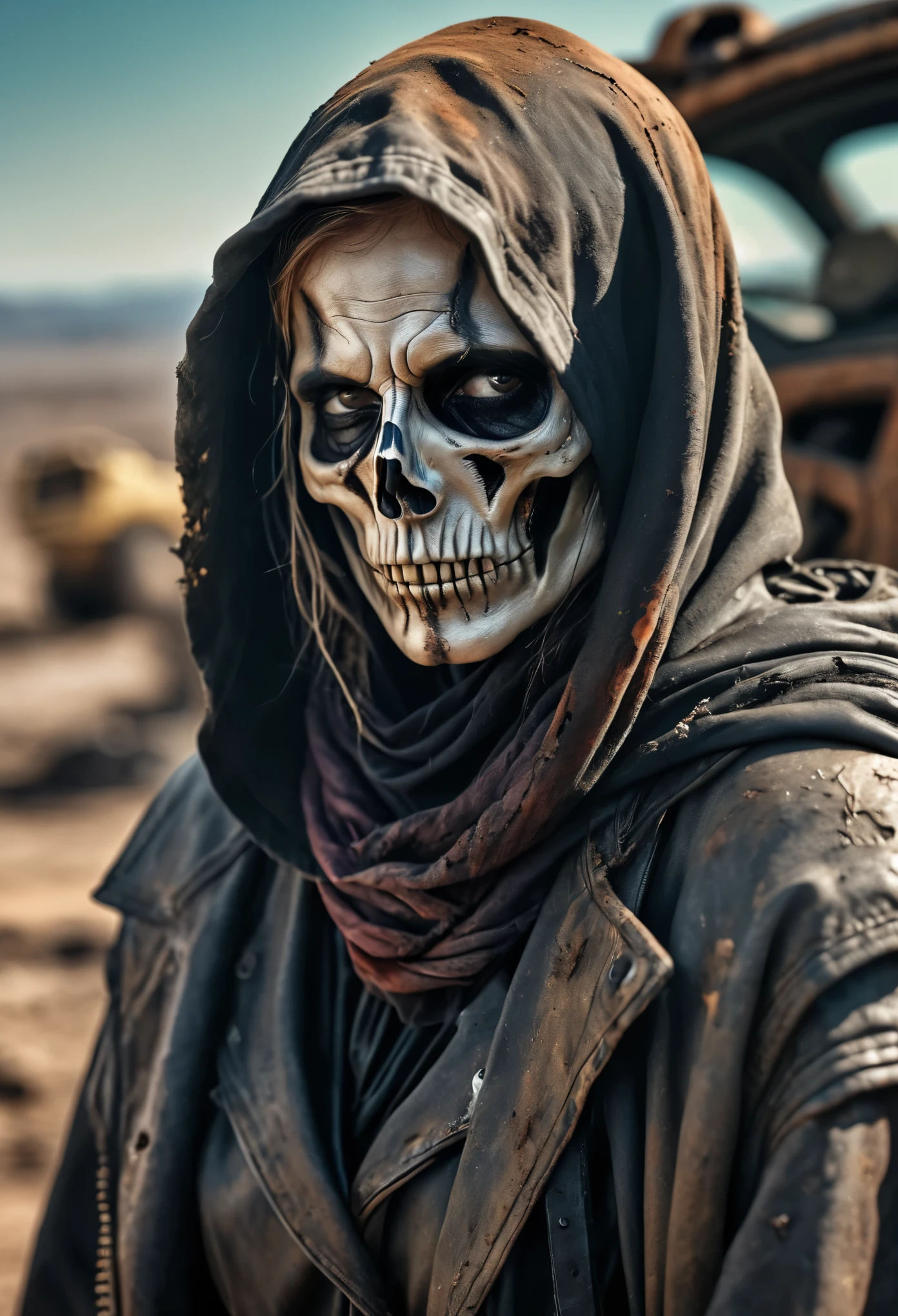 (Realistic:1.4), analog photo style, depth of field, Vivid colors, fragile, vulnerable, female reaper, sad, worried expression, looking away, professional photoset in post-apocalyptic style, insanely detailed, intricate wasteland landscape background, (((masterpiece))), top quality, 8K, ultra high resolution, high contrast, low saturation