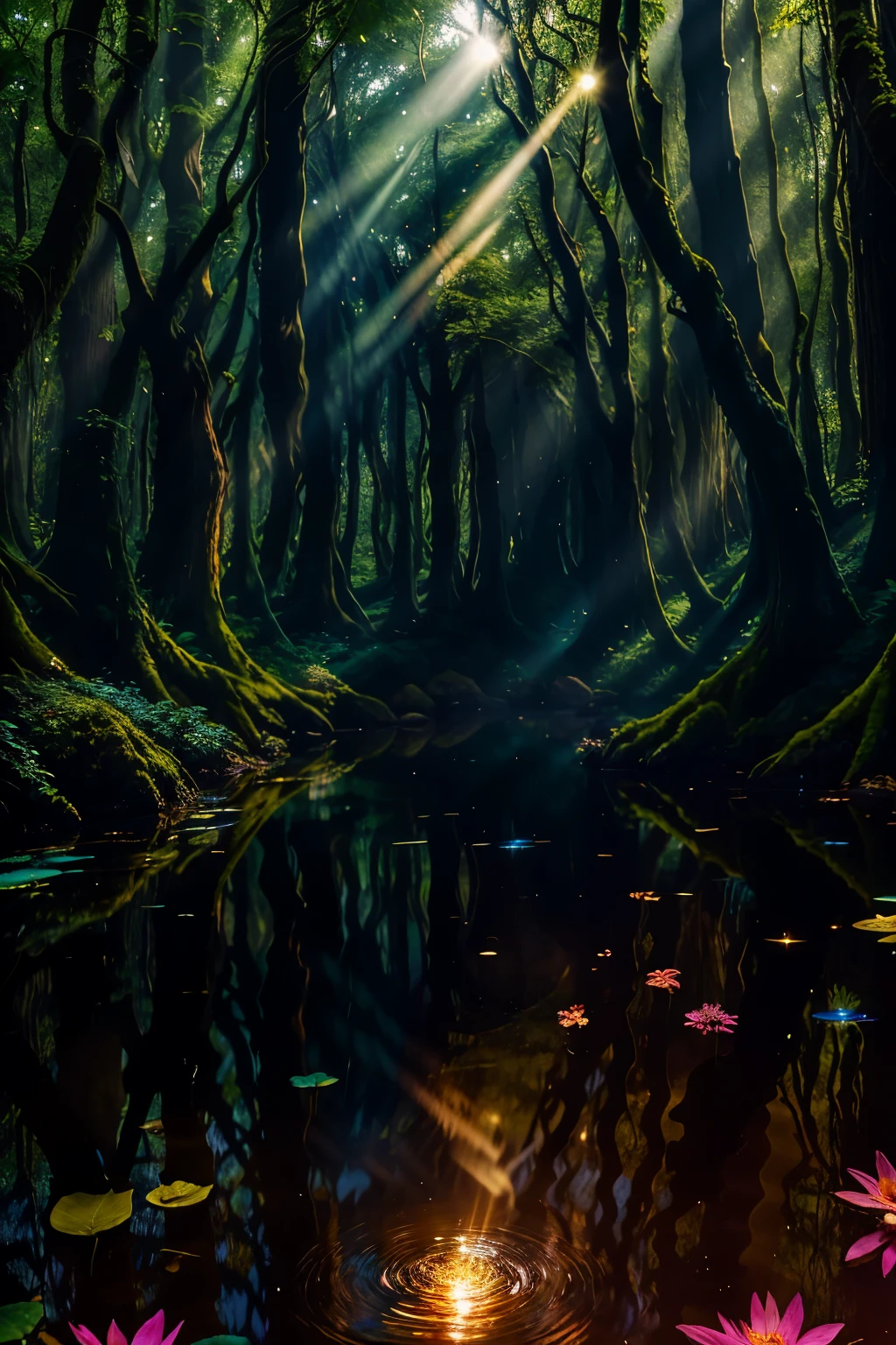 Picture a magical forest, shrouded in mystery and wonder, where the sunrays filter through the canopy of trees, casting dappled light on the forest floor. The color palette is rich and vibrant, filled with shades of green, gold, and blue. The trees have twisting trunks and branches adorned with glittering leaves that seem to dance in the light.
In the heart of the forest, there's a crystal-clear pool surrounded by colorful flowers. The water is so still that it mirrors the world above, creating a mesmerizing reflection. Fairies and other magical creatures inhabit the forest, flitting among the trees and leaving trails of shimmering stard