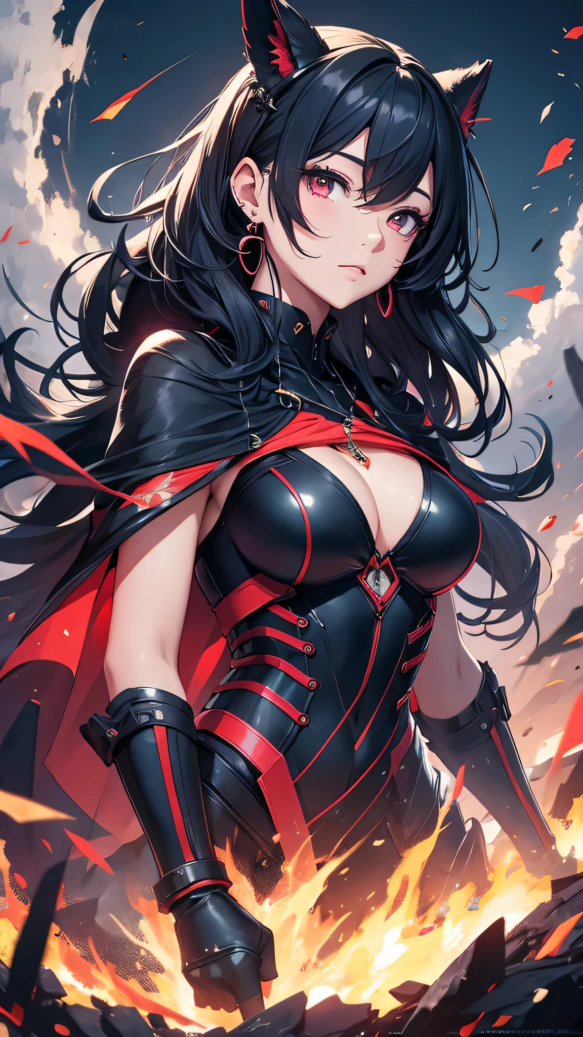 最high quality、best image quality、masterpiece、girl((20-year-old、 By becoming、vest bust、medium bust,wide open breast tea、shining eyes, neon hair、long hair、thin,highest valley、Black Hero Suit、Red Hero Mask、blue cloak、scream、full body tattoo,diamond earrings、Wristband、necklace,dual sword style)),high quality、beautiful art、background((night、red thunder、storm、gust of wind、tornado))、Flight、debris flies、Depth of written boundary、movie、visual art、perfect art、8k,genuine、