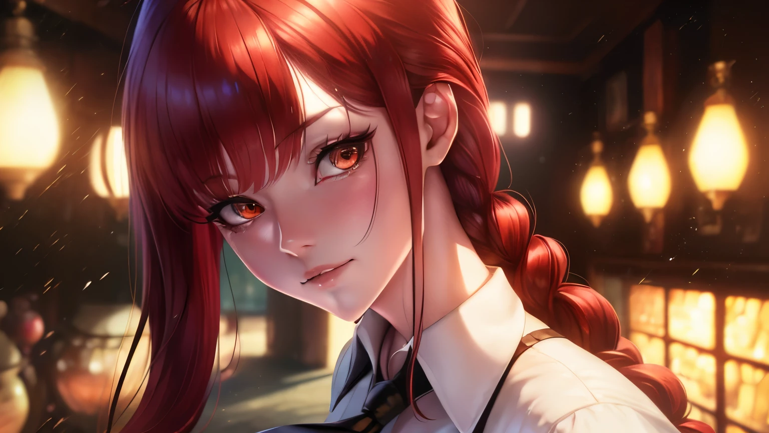 wince, longeyelashes, solid circle eyes, light smile, ear blush, red hair, full blush, drop shadow, stereogram, pov, atmospheric perspective, anime style, anime, cinematic lighting, depth of field, stereogram, chiaroscuro, masterpiece, anatomically correct, textured skin, super detail, high quality, 8k, best quality, award winning, woman, very long hair, makima, upper body, white shirt, black necktie, 1girl, A cynical face