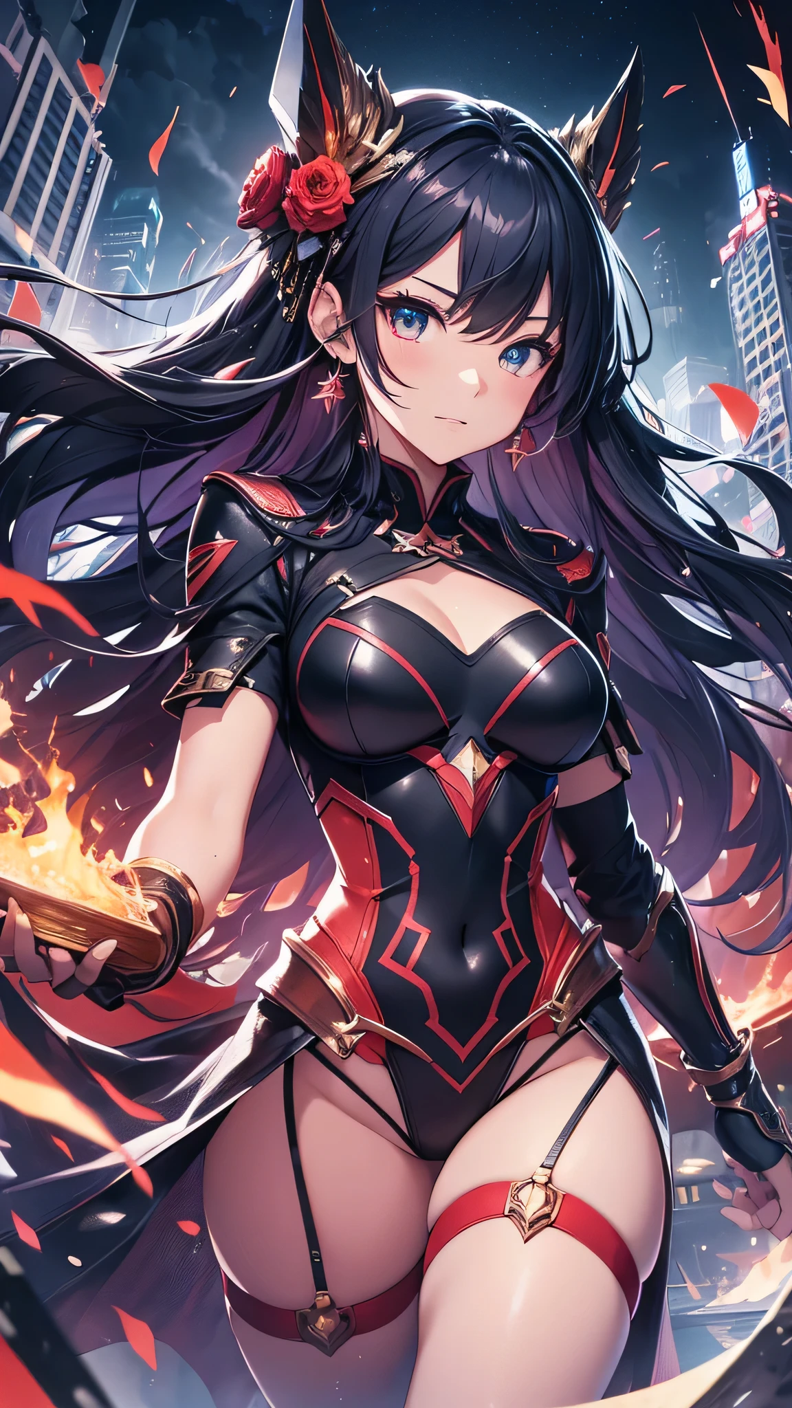 最high quality、best image quality、masterpiece、girl((20-year-old、 By becoming、vest bust、medium bust,wide open breast tea、shining eyes, neon hair、long hair、thin,highest valley、Black Hero Suit、Red Hero Mask、blue cloak、scream、full body tattoo,diamond earrings、Wristband、necklace,dual sword style)),high quality、beautiful art、background((night、red thunder、storm、gust of wind、tornado))、Flight、debris flies、Depth of written boundary、movie、visual art、perfect art、8k,genuine、
