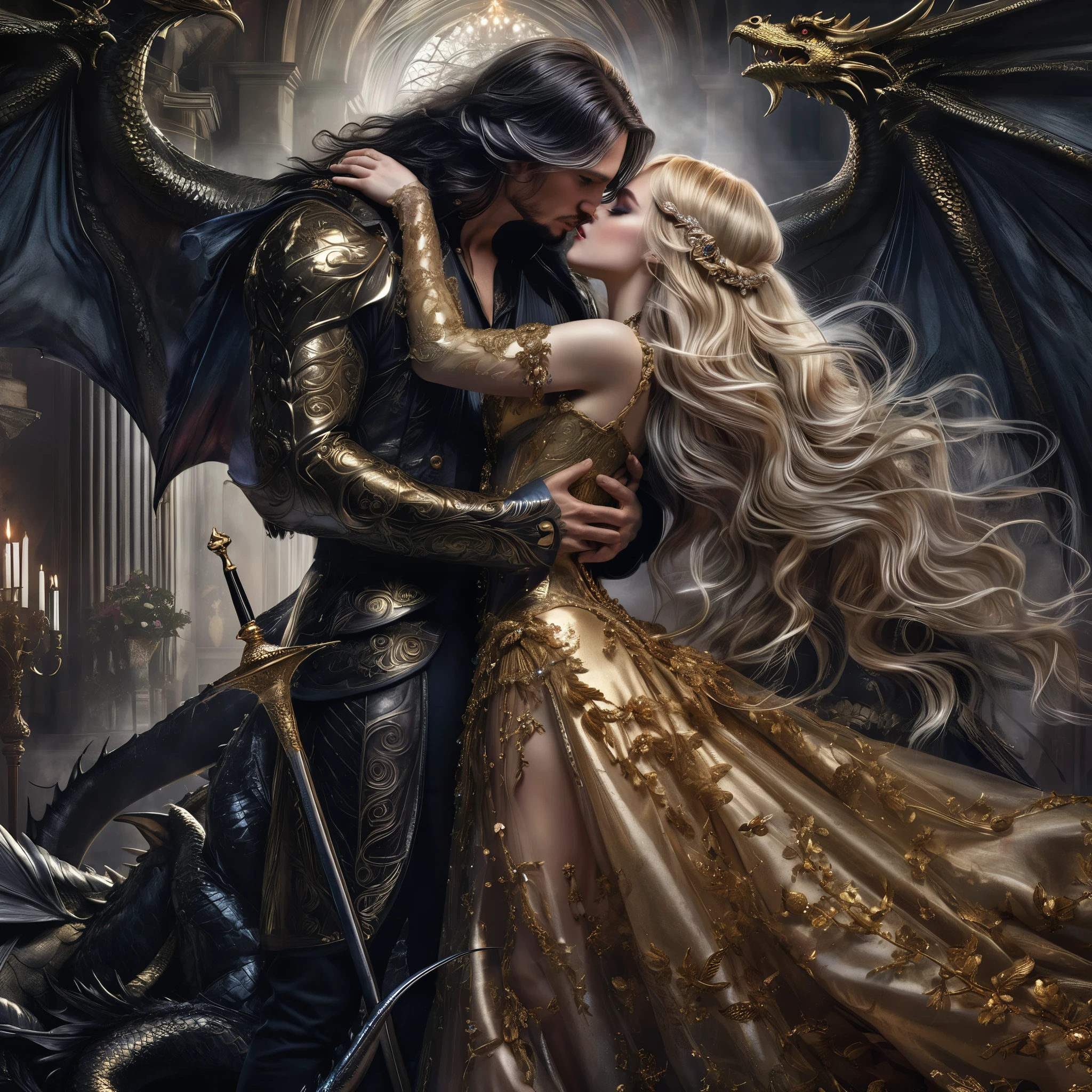 bookcover photorealistic hyperrealistic photo, victorian era. LongBlonde hair woman in luxury erotic gold transparent gown hugs and kiss beautiful brutally human-man with long blackhair with huge large dragon's wings inleather warrior clothes. fantasy dark castle. Renaissance style art. HyperRealistic. Poeticaly. Many elements and details. Massive intricated luxury jewellery this stones and crystals. Very detailed and very beautiful faces. Victorian era.  emotionally. Lovers. They look at me. Colorful complementary colorscheme. by Rossdraws, Ross Tran. Professional photo. perfect anatomy, ideal glossing hair,