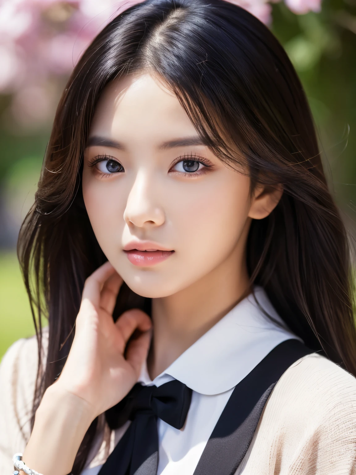 ((beauty like a model)), masterpiece, best image quality, super detailed,Viewer's perspective, fine hair、fine eyes(realistic eyes),professional lighting,black hair,long hair,Spring-like clothes、