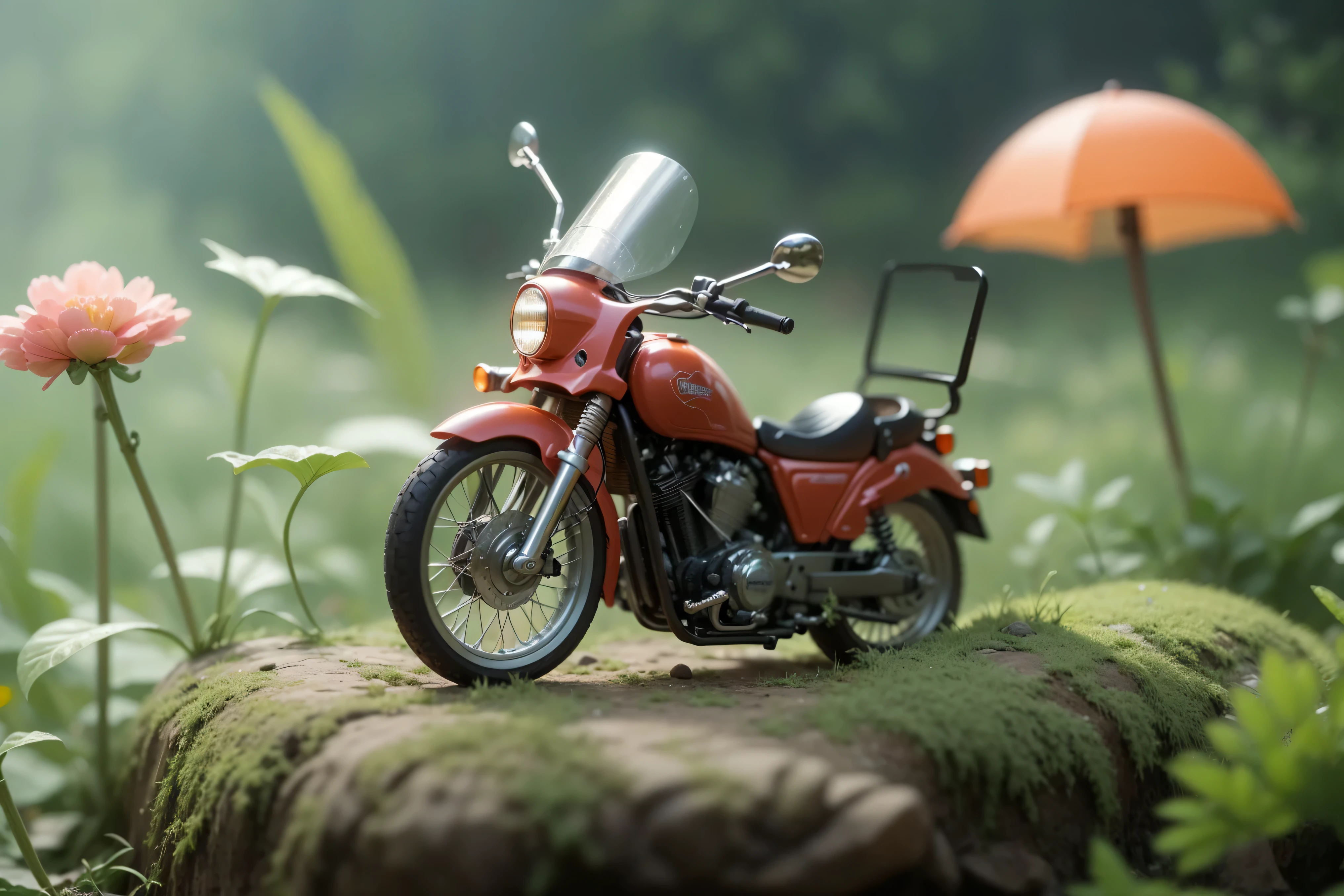 there is a small toy motorcycle sitting on a rock in the grass, akira's motorcycle, miniature photography, akira motorcycle, scale model photography, diorama macro photography, miniature photography closeup, toy photography, motorcycle, adventure hyper realistic render, motorbike, motorcycles, hyper-realistic render, hyper - realistic render, immensely detailed scene, akira moto, hyperrealistic composition, accurate detail