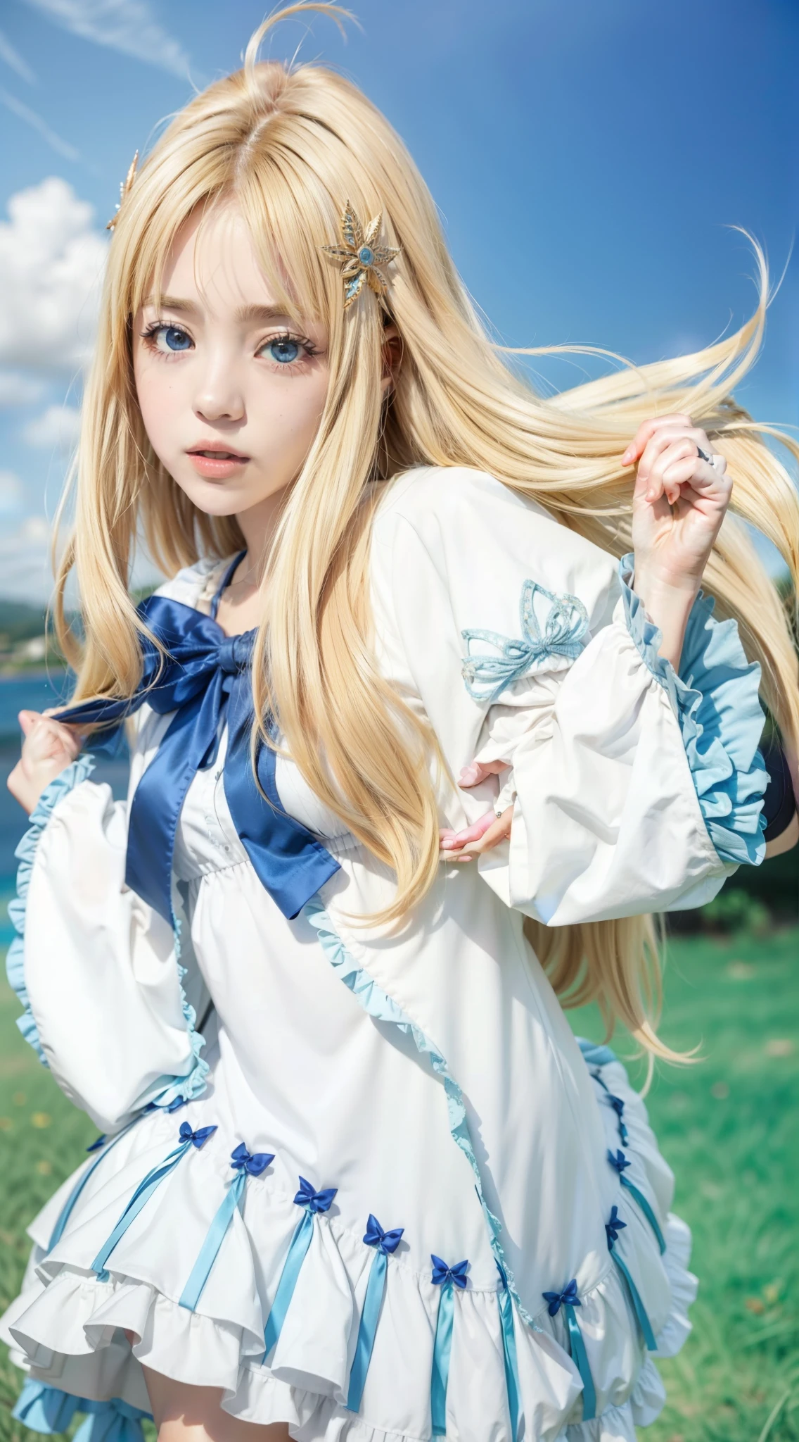 Chica anime con un vestido blanco con cabello largo y rubio y ojos azules., salpicadura de anime , chica anime llamada lucy, anime visual de una linda chica, Best Anime Girl, chica anime rubia con pelo largo, marin kitagawa fan art, princesa anime,  en vestido, artoria pendragon, anime moe art style, marisa kirisame