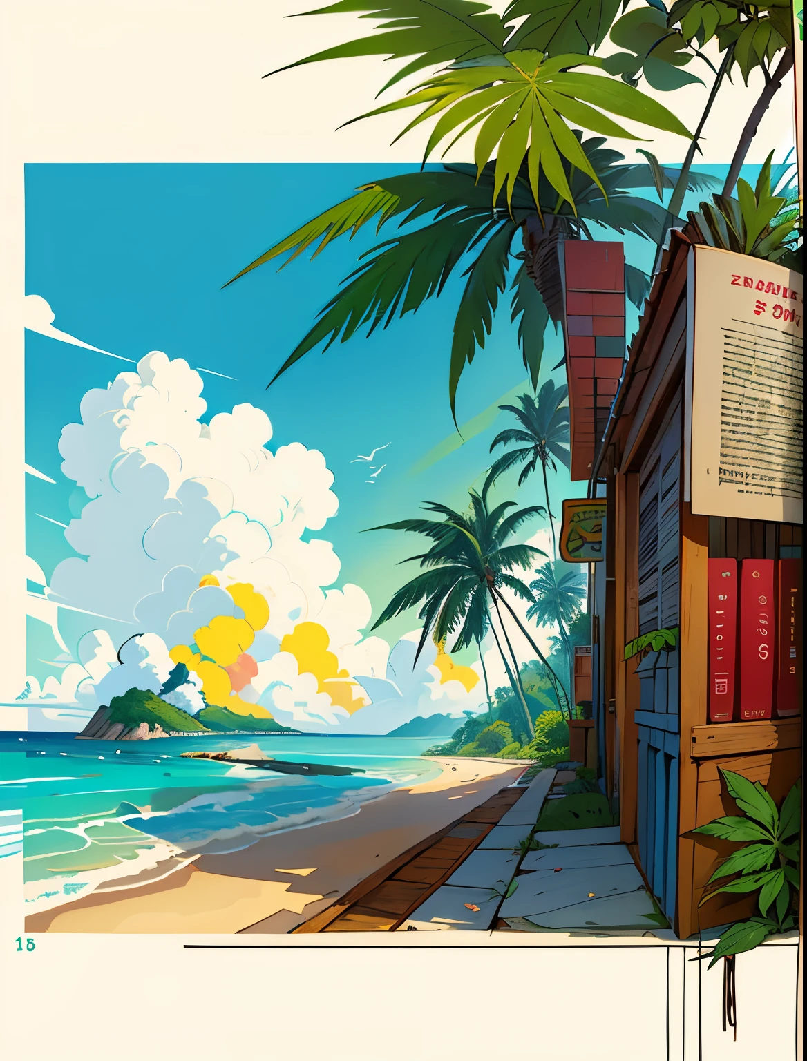 On the back of the t-shirt, a design that echoes peace and harmony, with reggae symbols intertwined with book pages flying through the sky. The colors green, red and yellow blend gently, while a distant horizon recalls the tropical beaches of Brazil, the birthplace of many reggae influences. close-up Hemp, leaf, marijuana, cannabis, ((illustration)), colorful, wallpaper, energy, secret, magical environment, remember Brazil, books, pages flying in the sky, omniscience, predicting the future, understanding the past , --v 6
