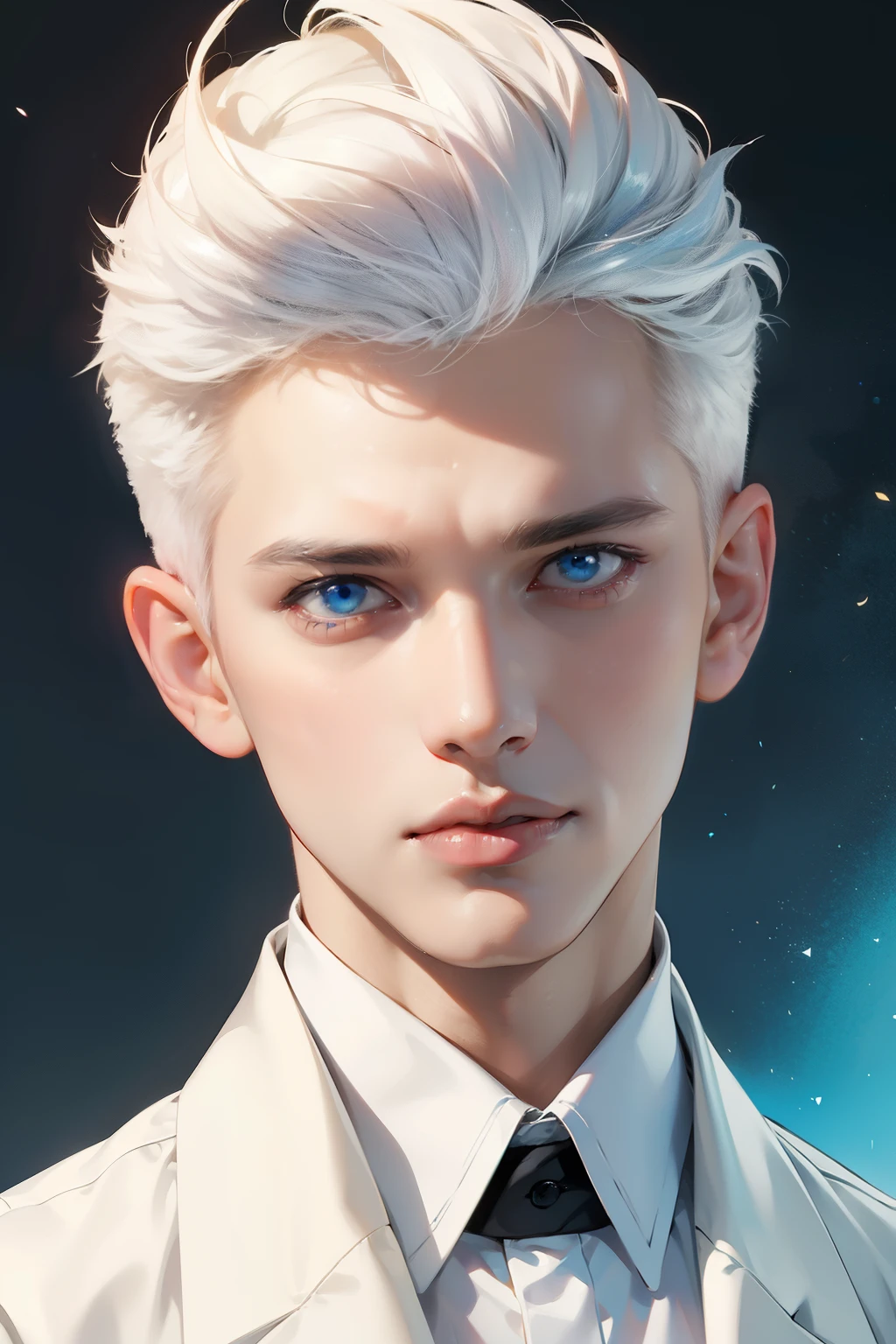 Boy, white hair, blue eyes, serious sharp features, white skin, pink lips, masculine, formal style