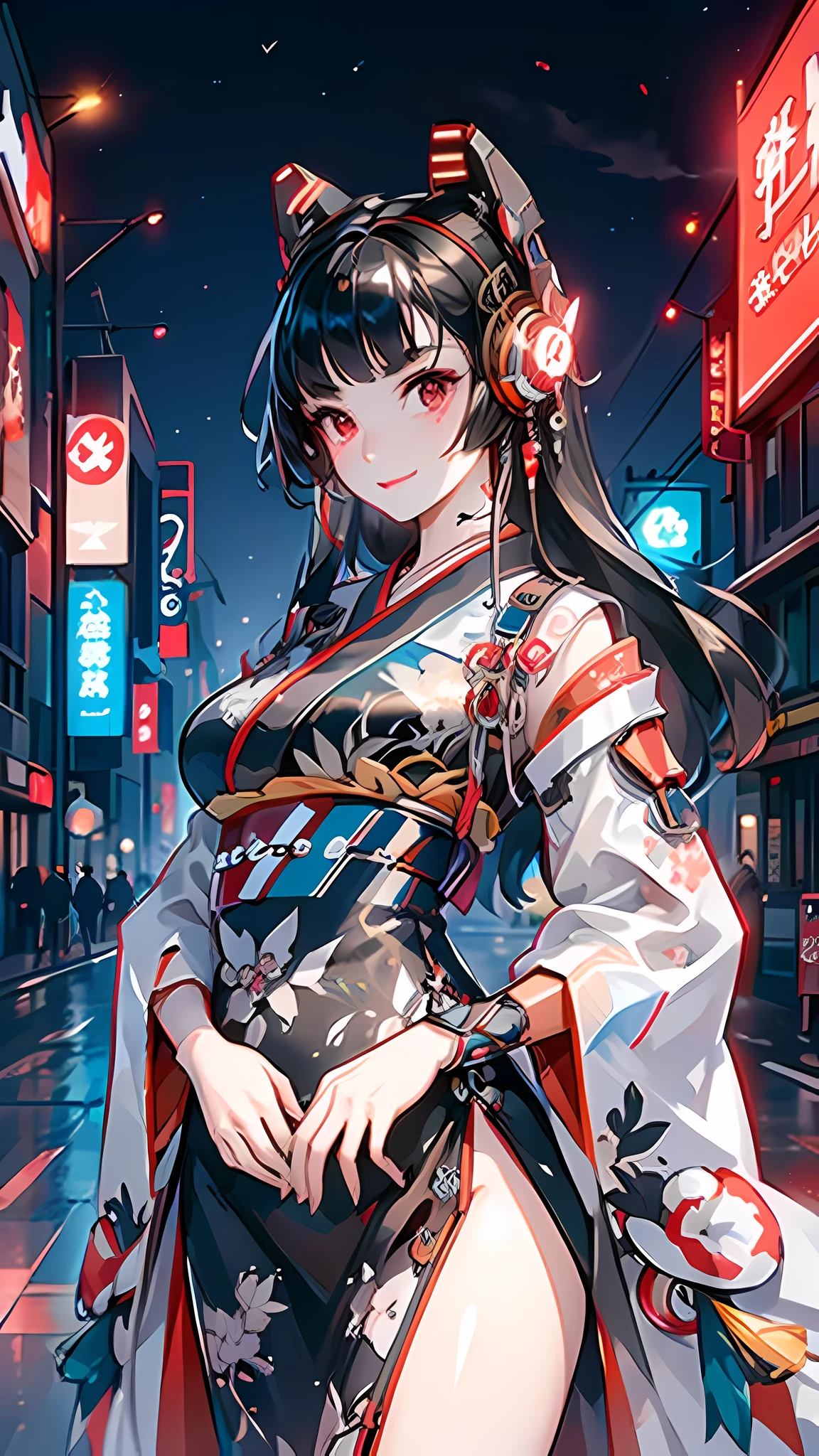 (masterpiece), best quality, expressive eyes, perfect face,1 girl, japanese clothes, liquid silver and red, kimono, cyberpunk city, dynamic pose, glowing headphones, glowing hair accessories, long hair, glowing earrings, glowing necklace, cyberpunk, high-tech city, full of mechanical and futuristic elements, futuristic, technology, glowing neon, red, red light, transparent tulle, transparent streamers, laser, digital background urban sky, big moon, with vehicles, best quality, masterpiece, 8K, character edge light, Super high detail, high quality, the most beautiful woman in human beings, smiling slightly, face facing front and left and right symmetry, ear decoration, beautiful pupil light effects, visual data, (black hair), hair is not messy, long hair over the waist, luminous electronic watch, deep eyes, happy, English doodling